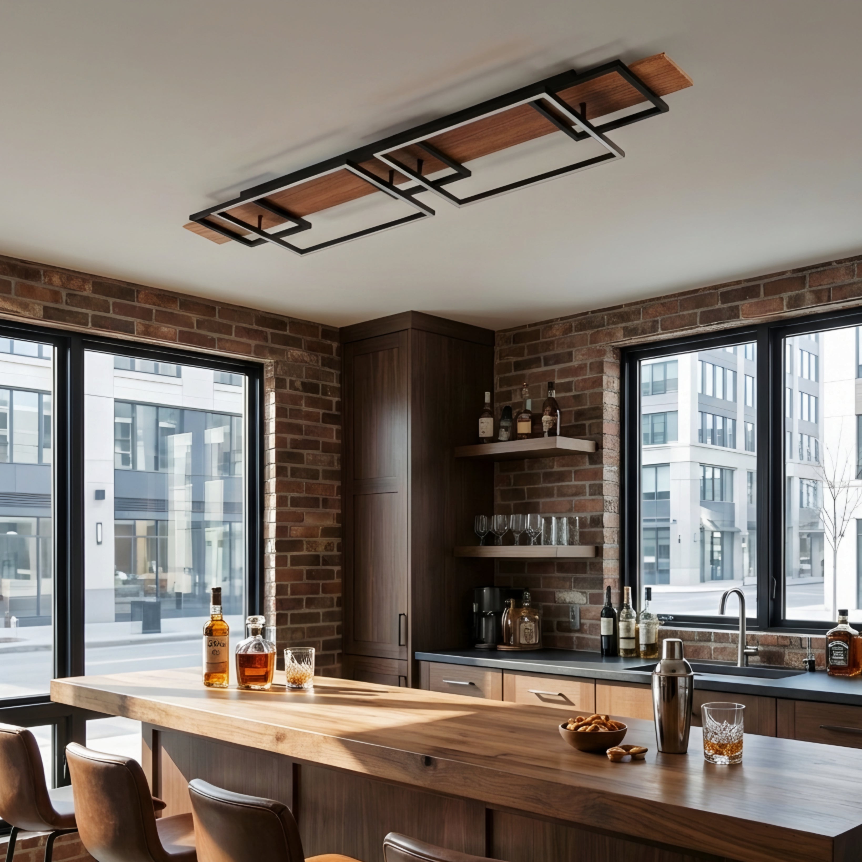 Zerith Linear Ceiling Light – Modern LED Flush Mount Black Wood Geometric Ceiling Fixture