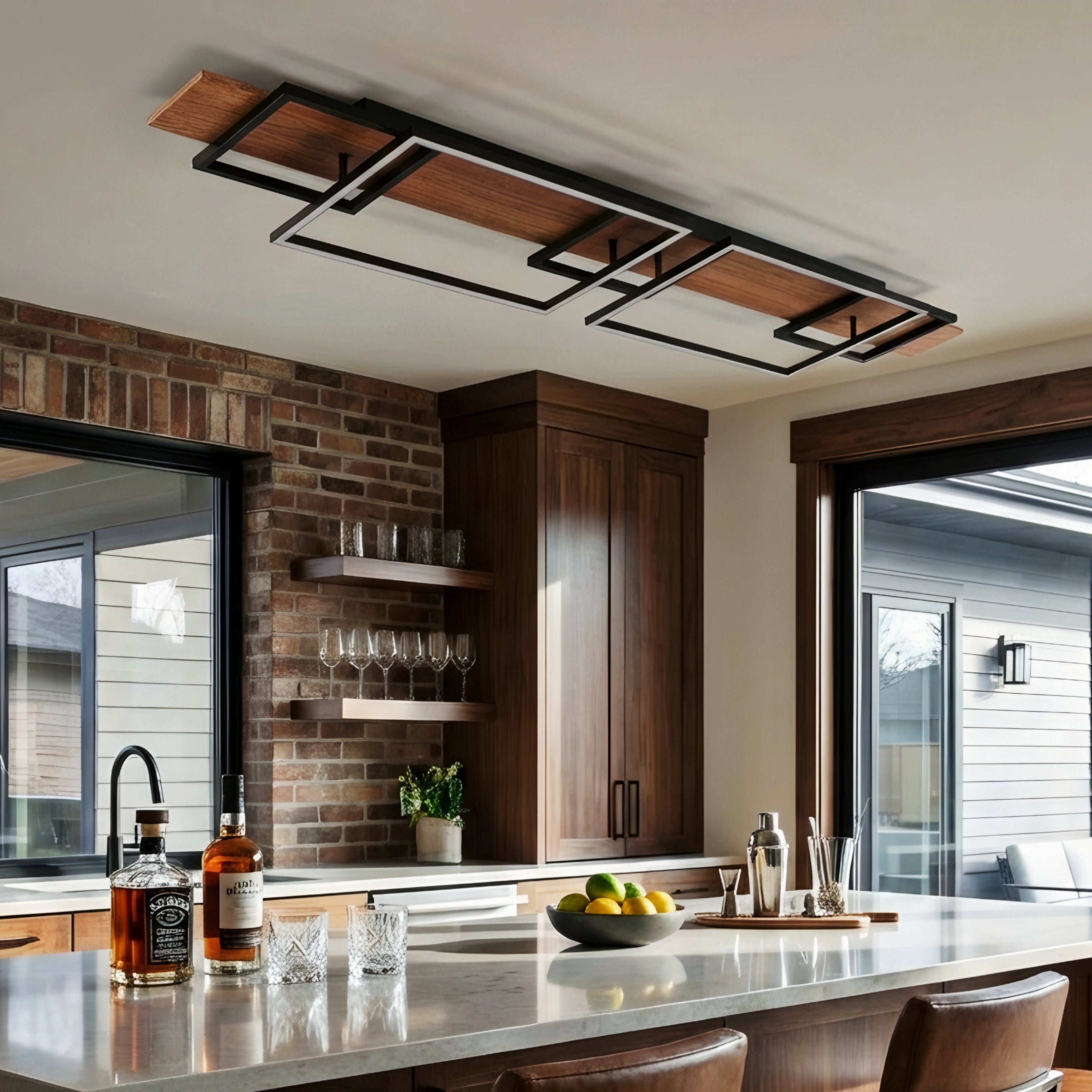 Zerith Linear Ceiling Light – Modern LED Flush Mount Black Wood Geometric Ceiling Fixture