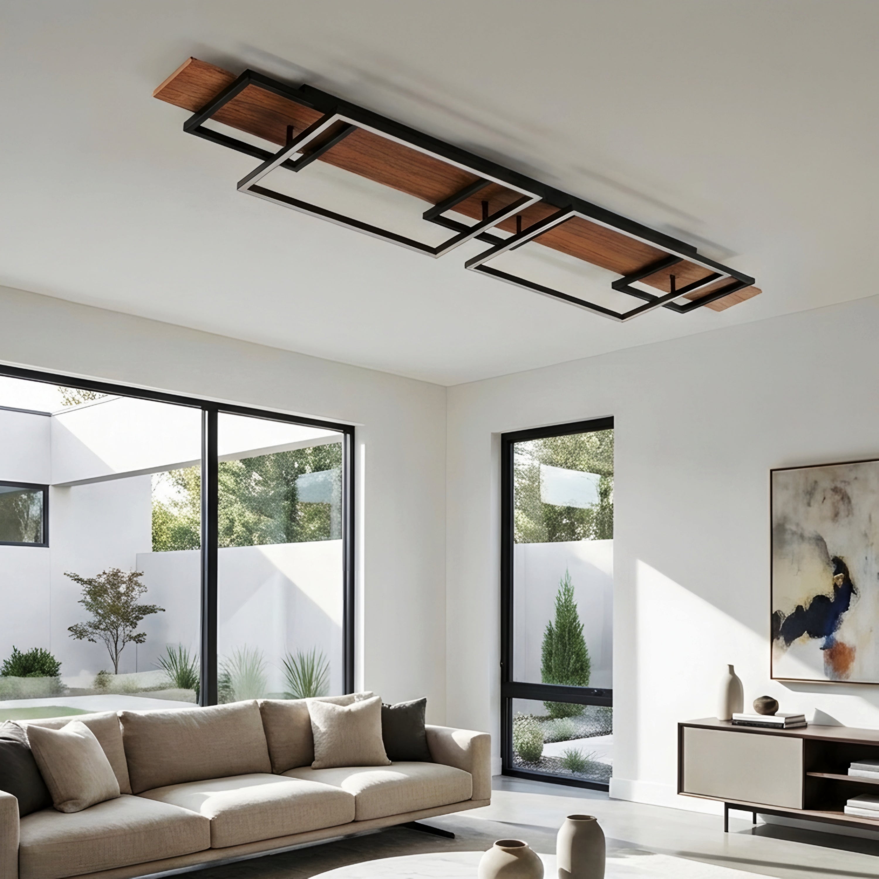 Zerith Linear Ceiling Light – Modern LED Flush Mount Black Wood Geometric Ceiling Fixture