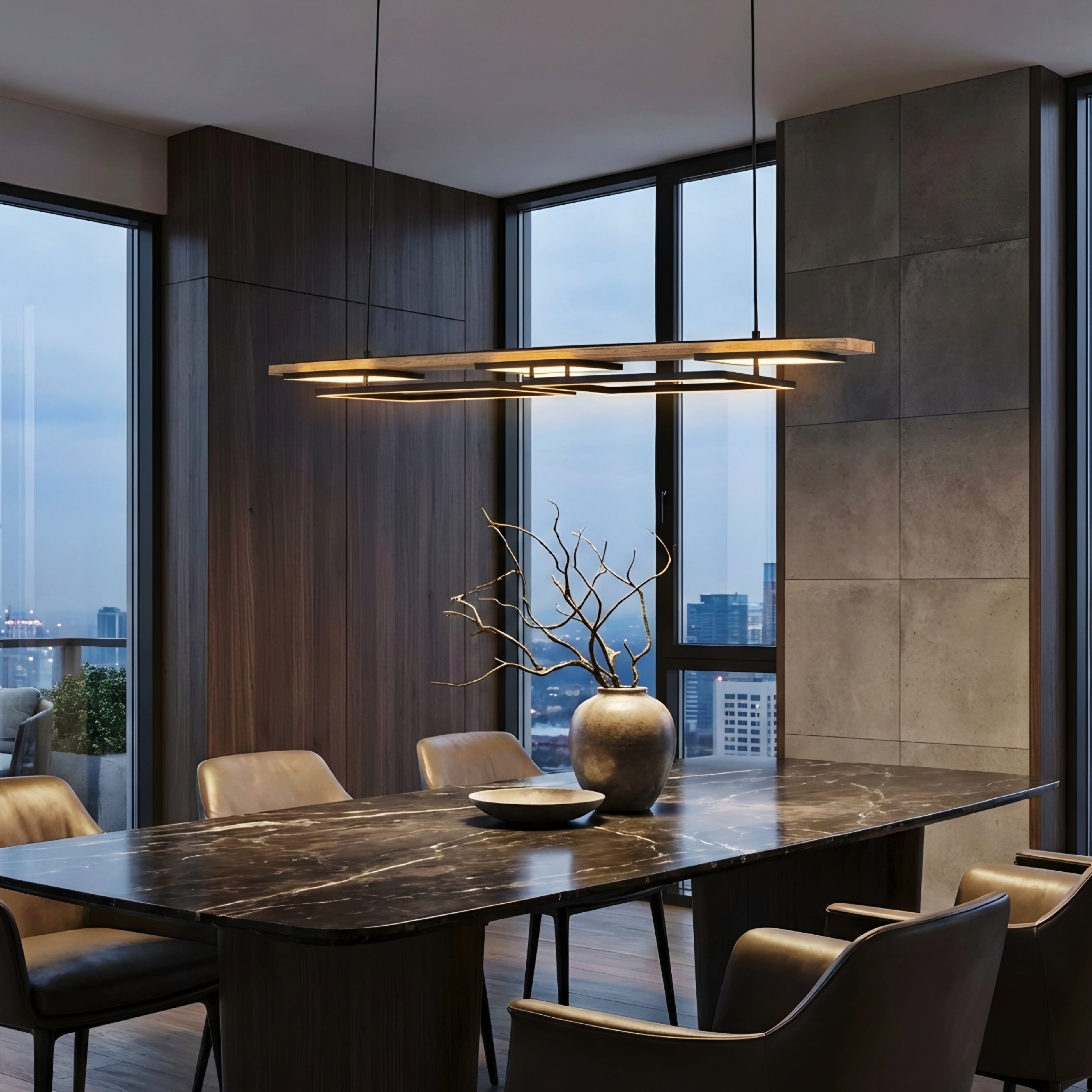 Ardyn Linear Pendant Light – Modern LED Wood Black Geometric Dining Table Lighting Fixture