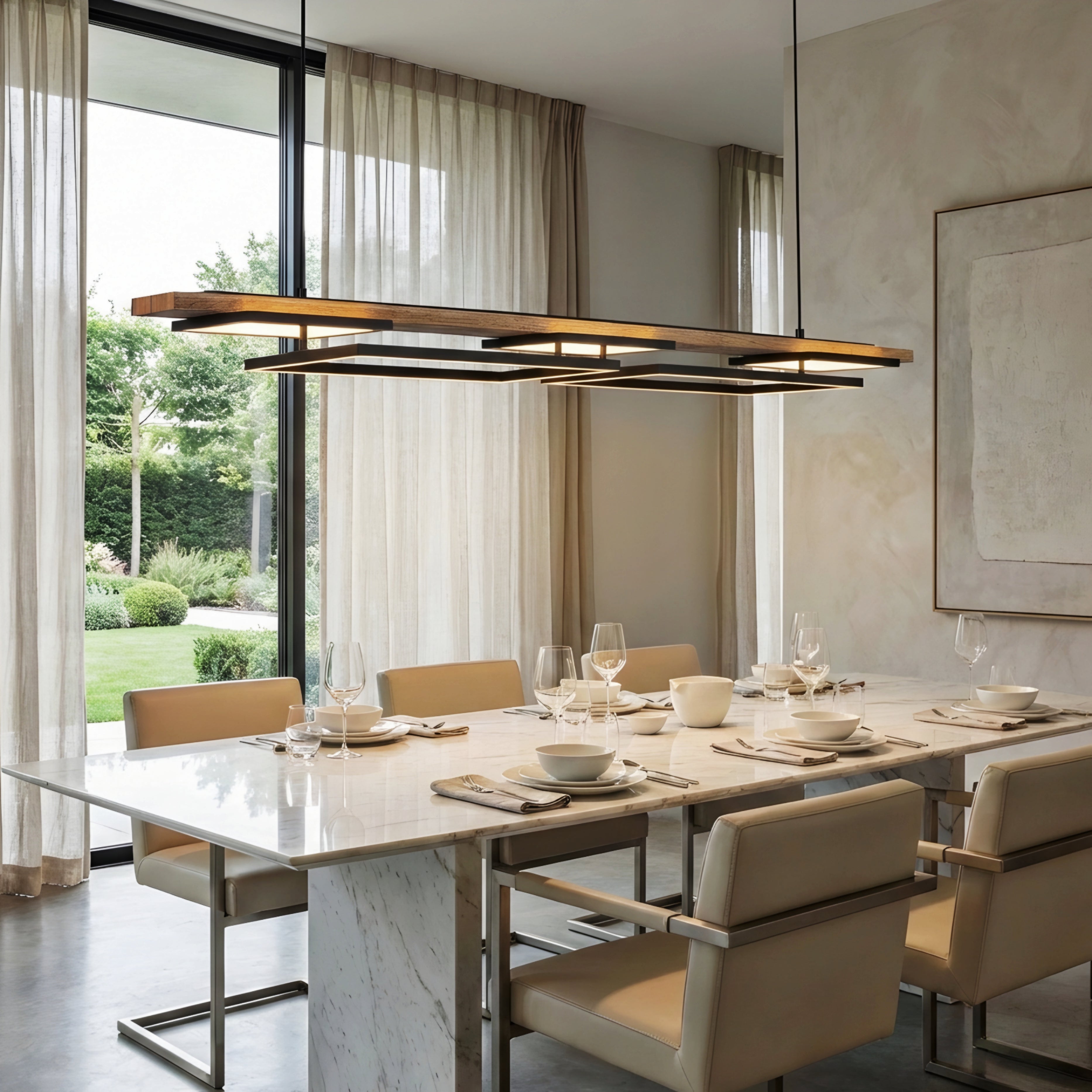 Ardyn Linear Pendant Light – Modern LED Wood Black Geometric Dining Table Lighting Fixture
