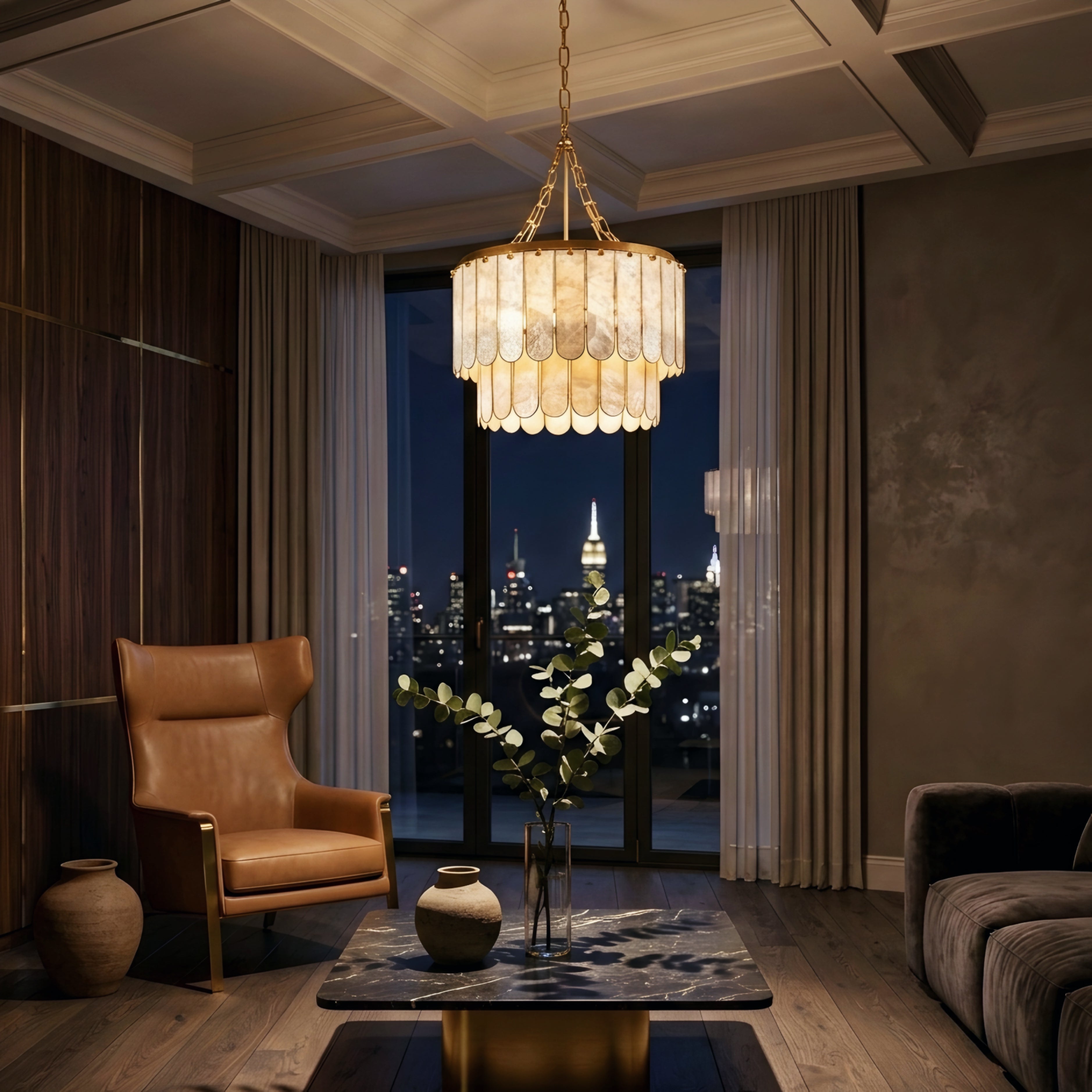 Calyra Tiered Chandelier – Modern Gold Shell Drum Living Room Dining Pendant Light