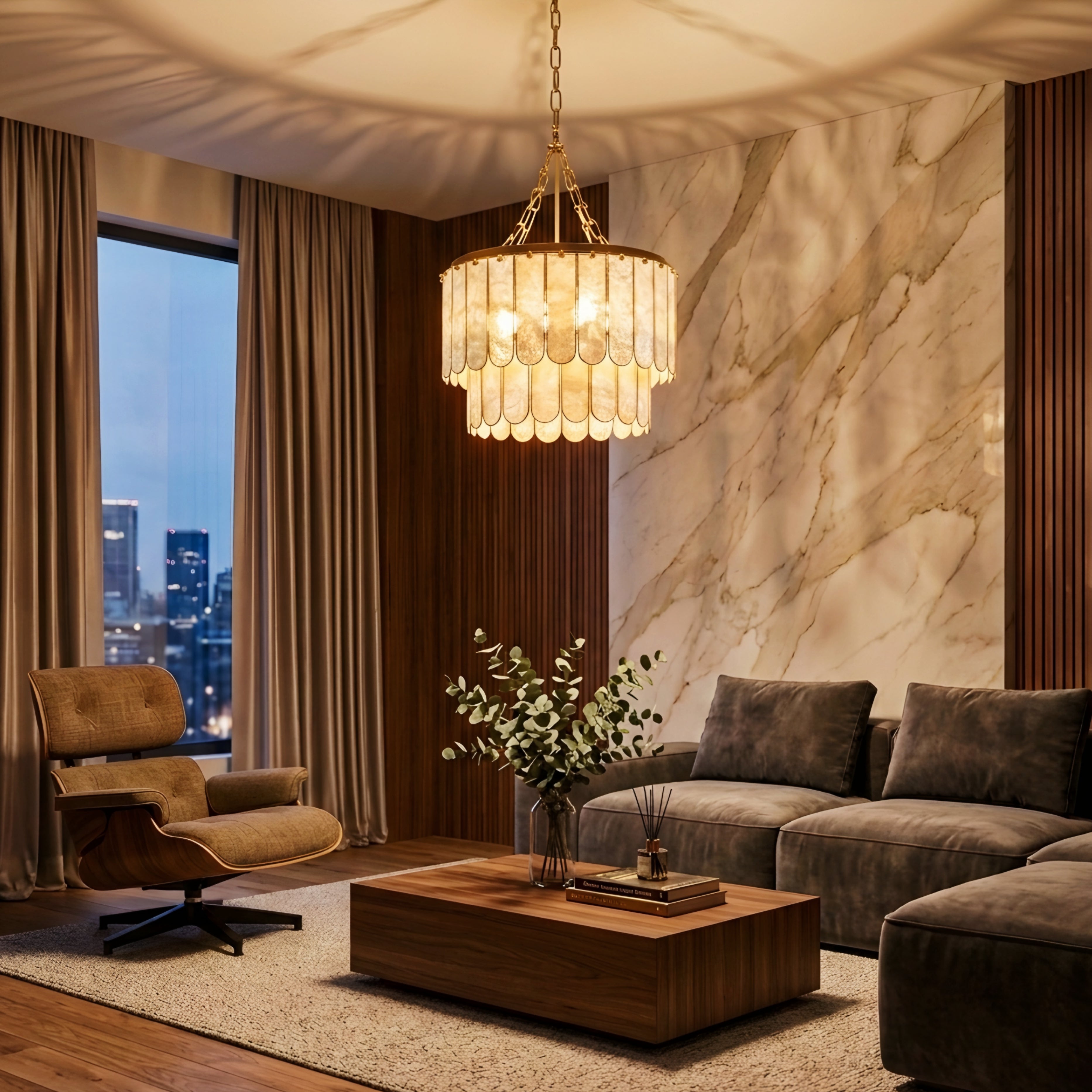 Calyra Tiered Chandelier – Modern Gold Shell Drum Living Room Dining Pendant Light