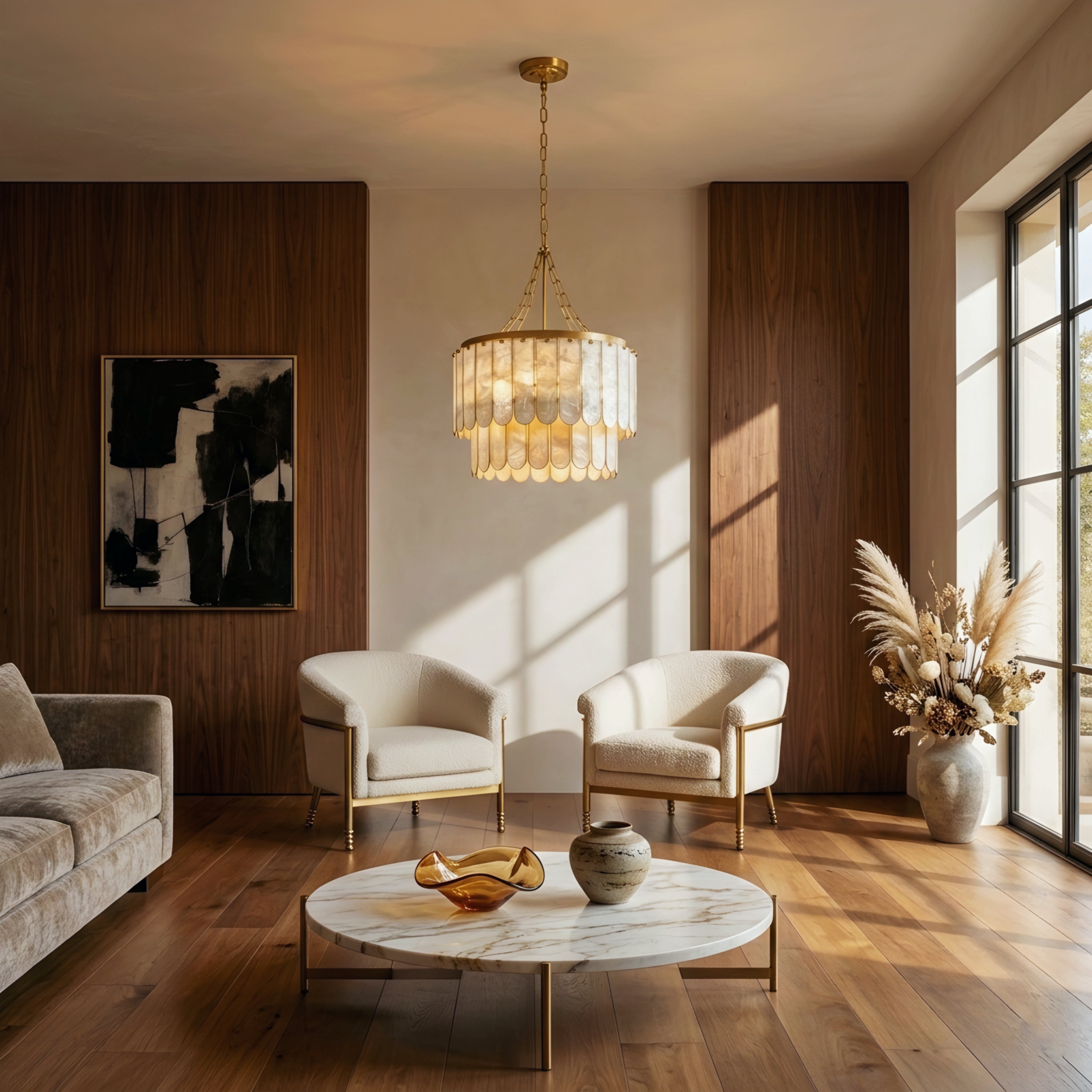 Calyra Tiered Chandelier – Modern Gold Shell Drum Living Room Dining Pendant Light