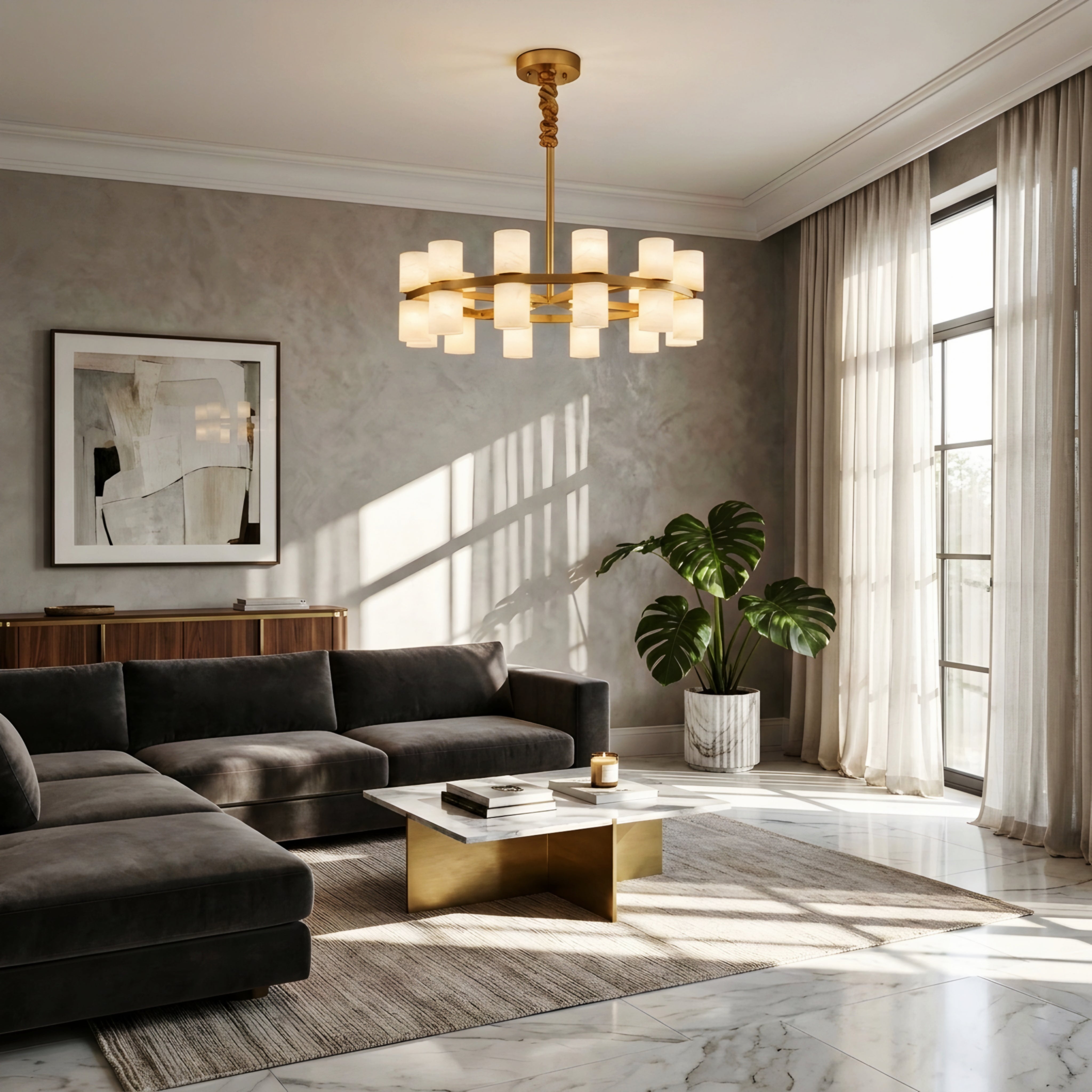 Aurelio Ring Chandelier – Modern Brass Alabaster Multi Light Round Dining Room Pendant Fixture