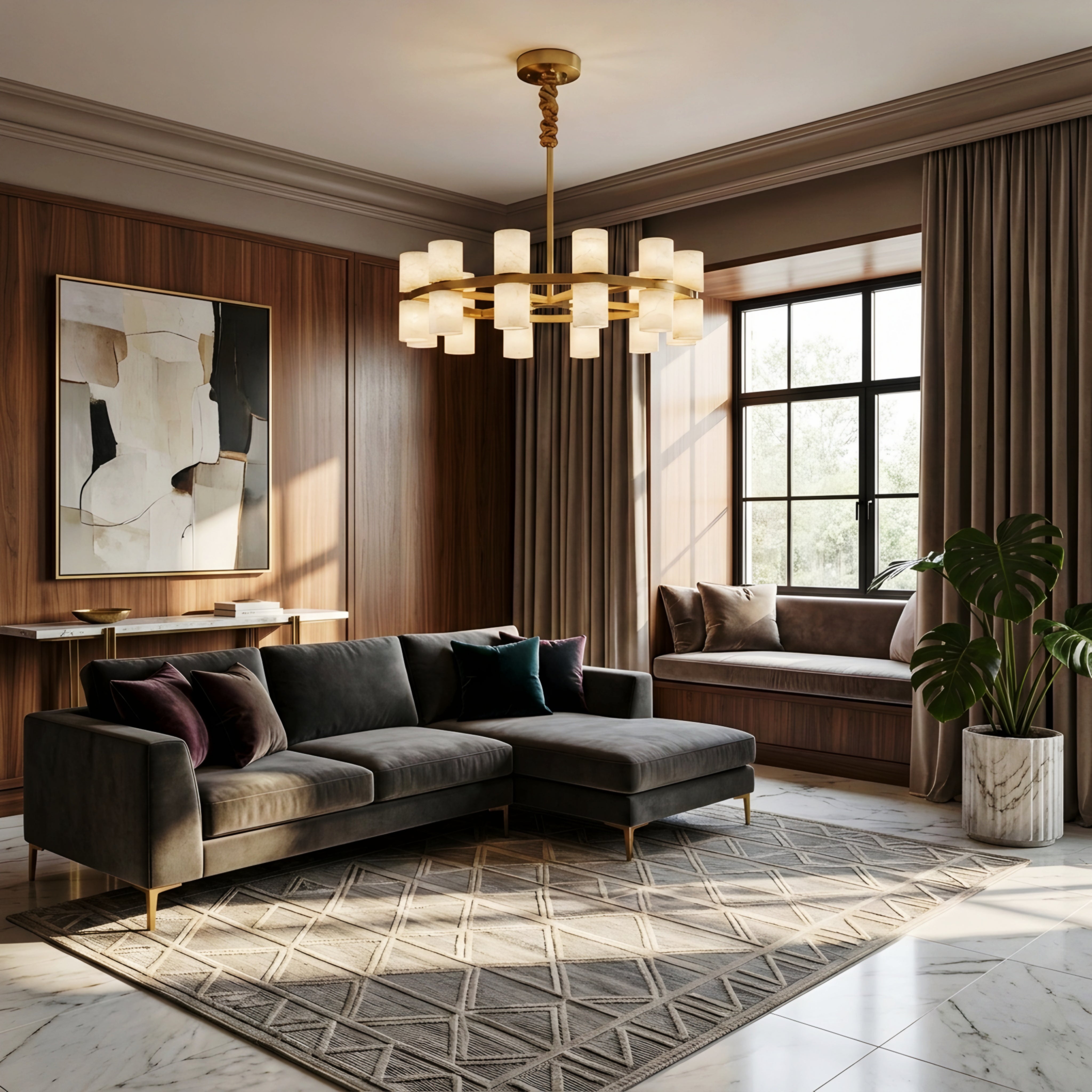 Aurelio Ring Chandelier – Modern Brass Alabaster Multi Light Round Dining Room Pendant Fixture