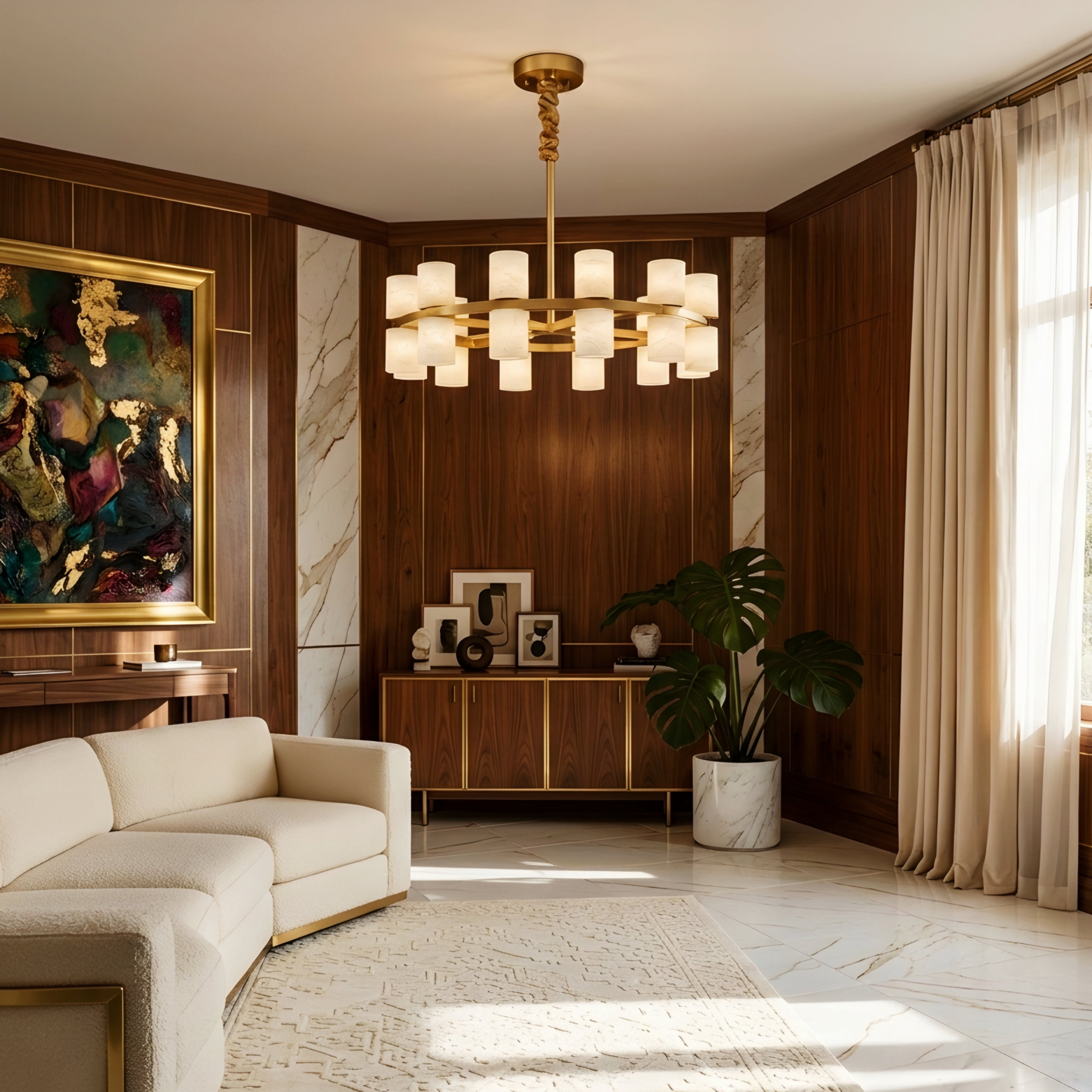 Aurelio Ring Chandelier – Modern Brass Alabaster Multi Light Round Dining Room Pendant Fixture