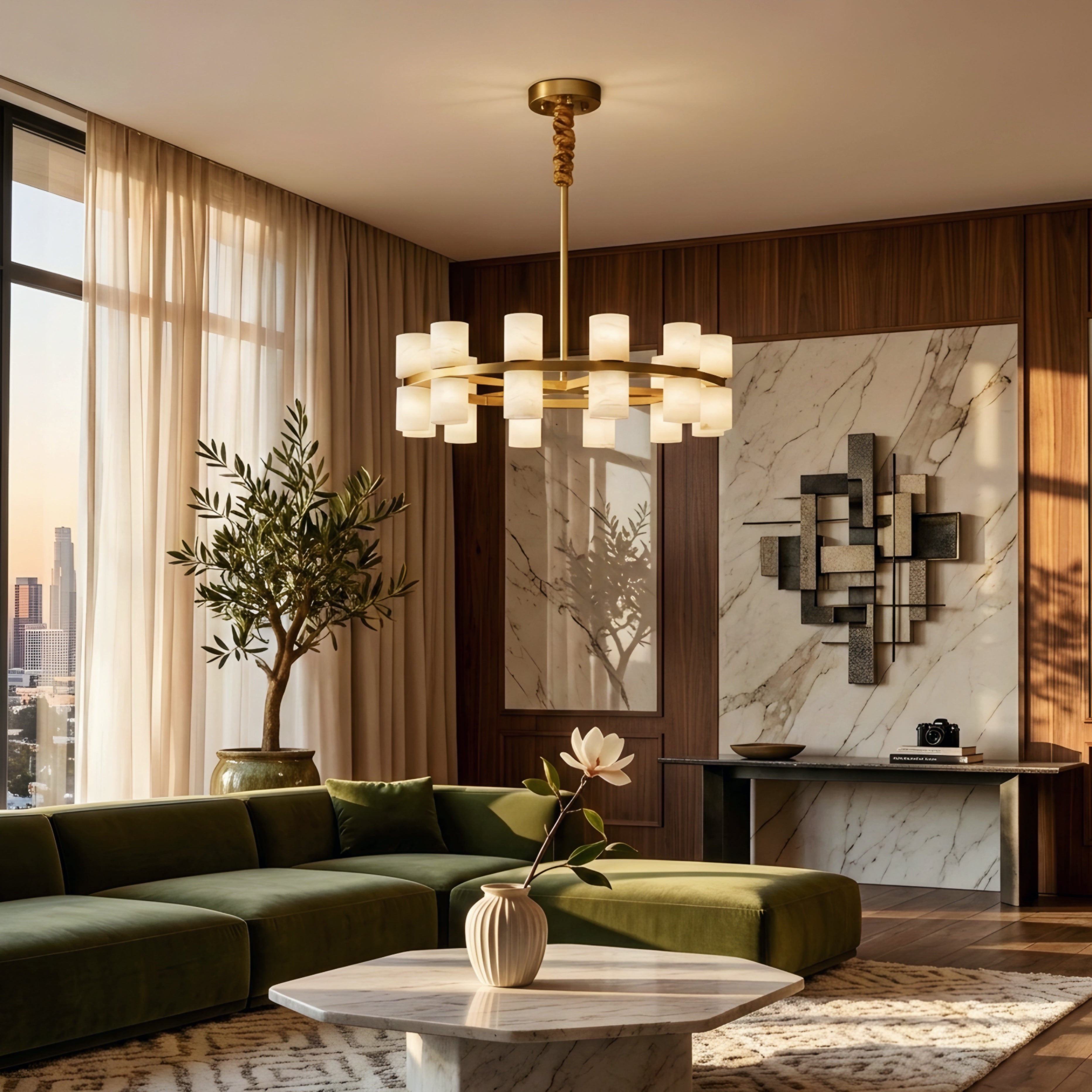 Aurelio Ring Chandelier – Modern Brass Alabaster Multi Light Round Dining Room Pendant Fixture