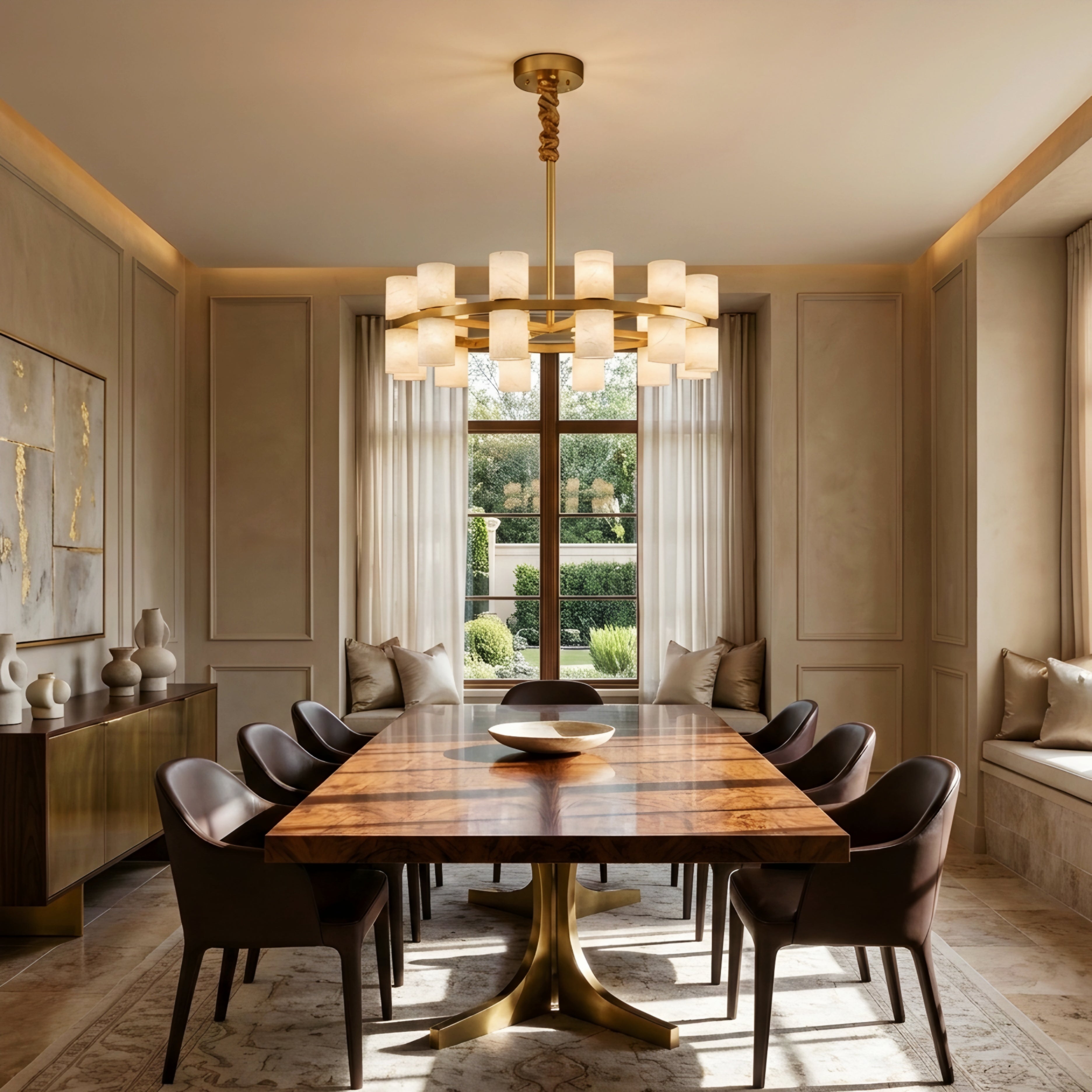 Aurelio Ring Chandelier – Modern Brass Alabaster Multi Light Round Dining Room Pendant Fixture