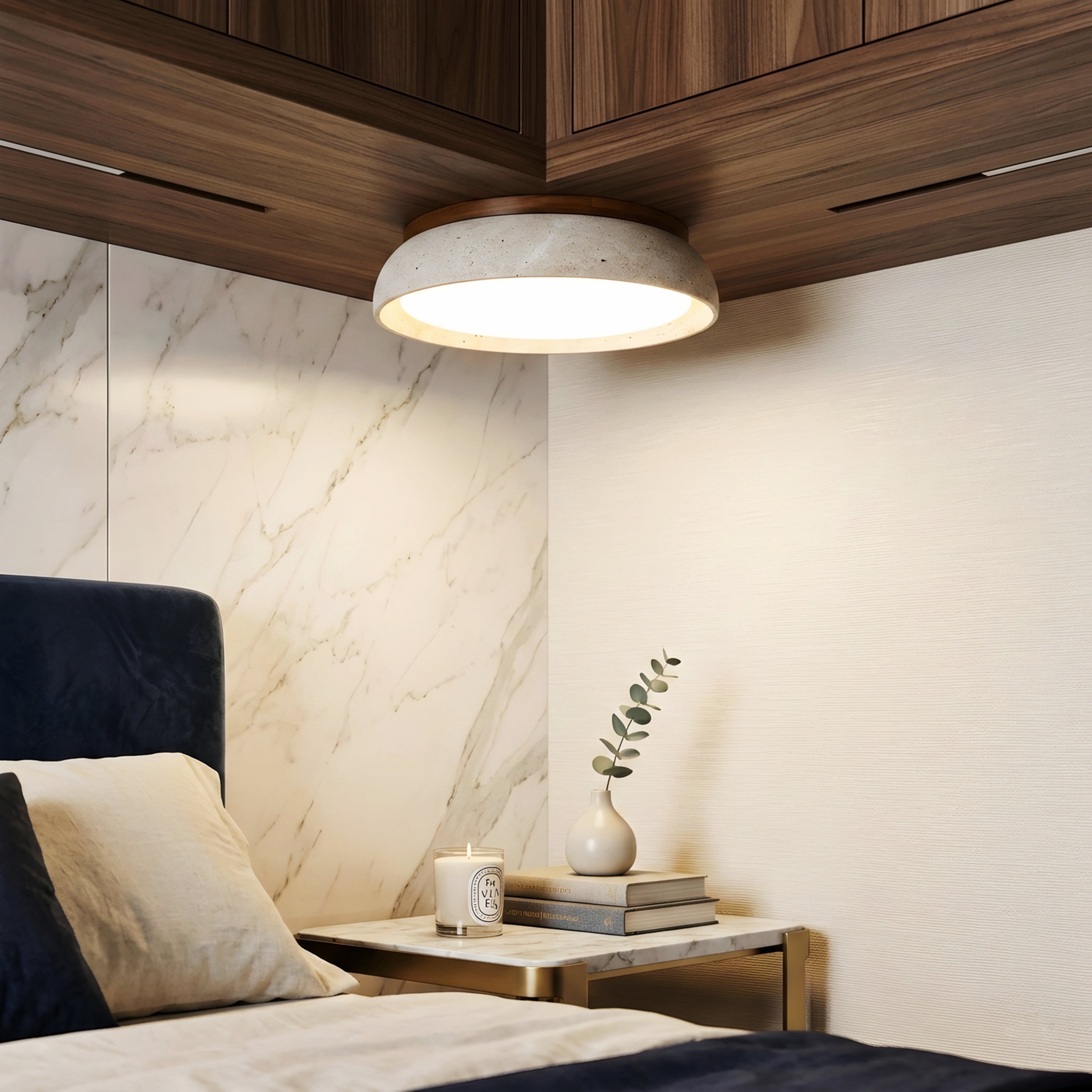 Travero Stone Flush Mount Ceiling Light – LED Travertine Wood Modern Minimalist Low Profile Ceiling Fixture