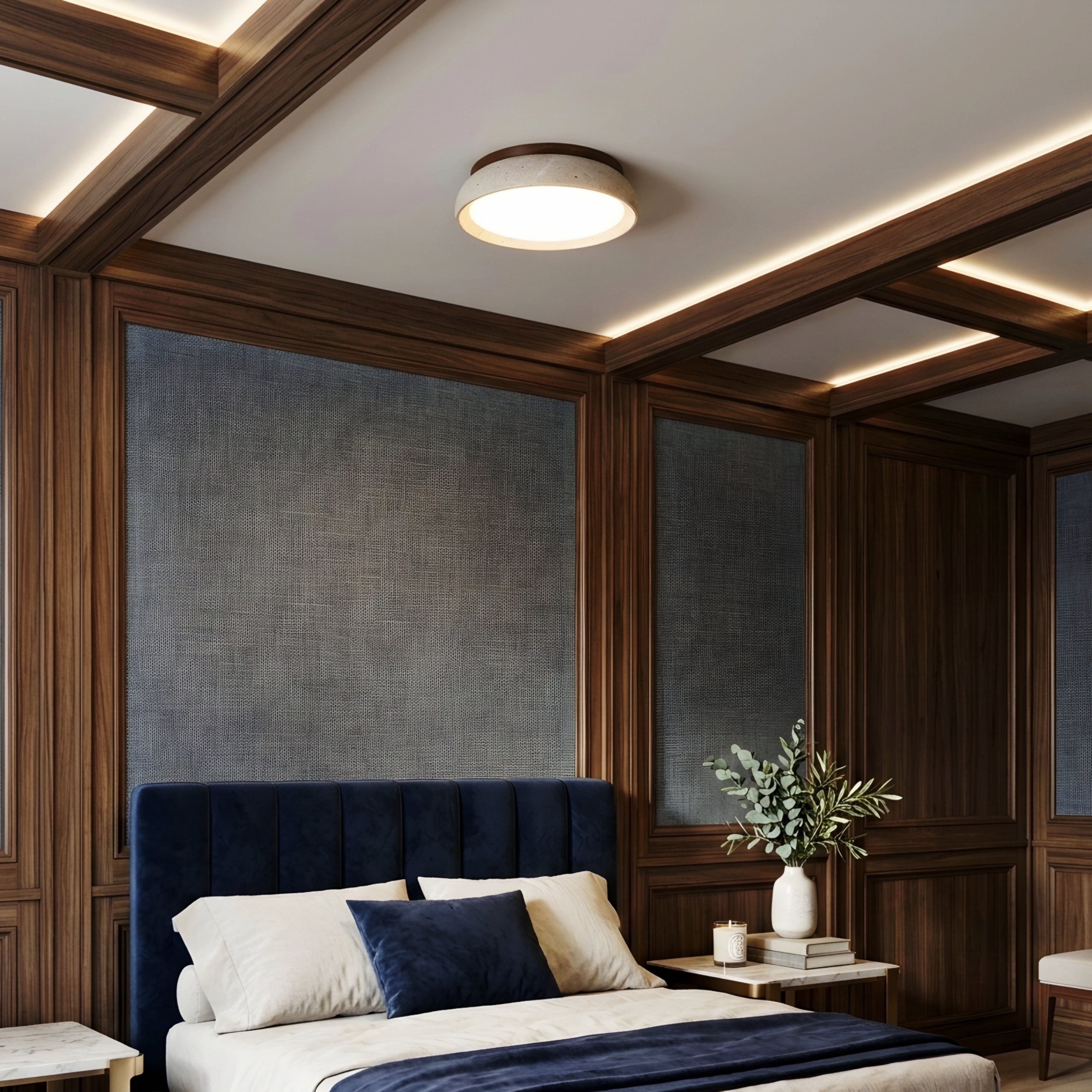 Travero Stone Flush Mount Ceiling Light – LED Travertine Wood Modern Minimalist Low Profile Ceiling Fixture