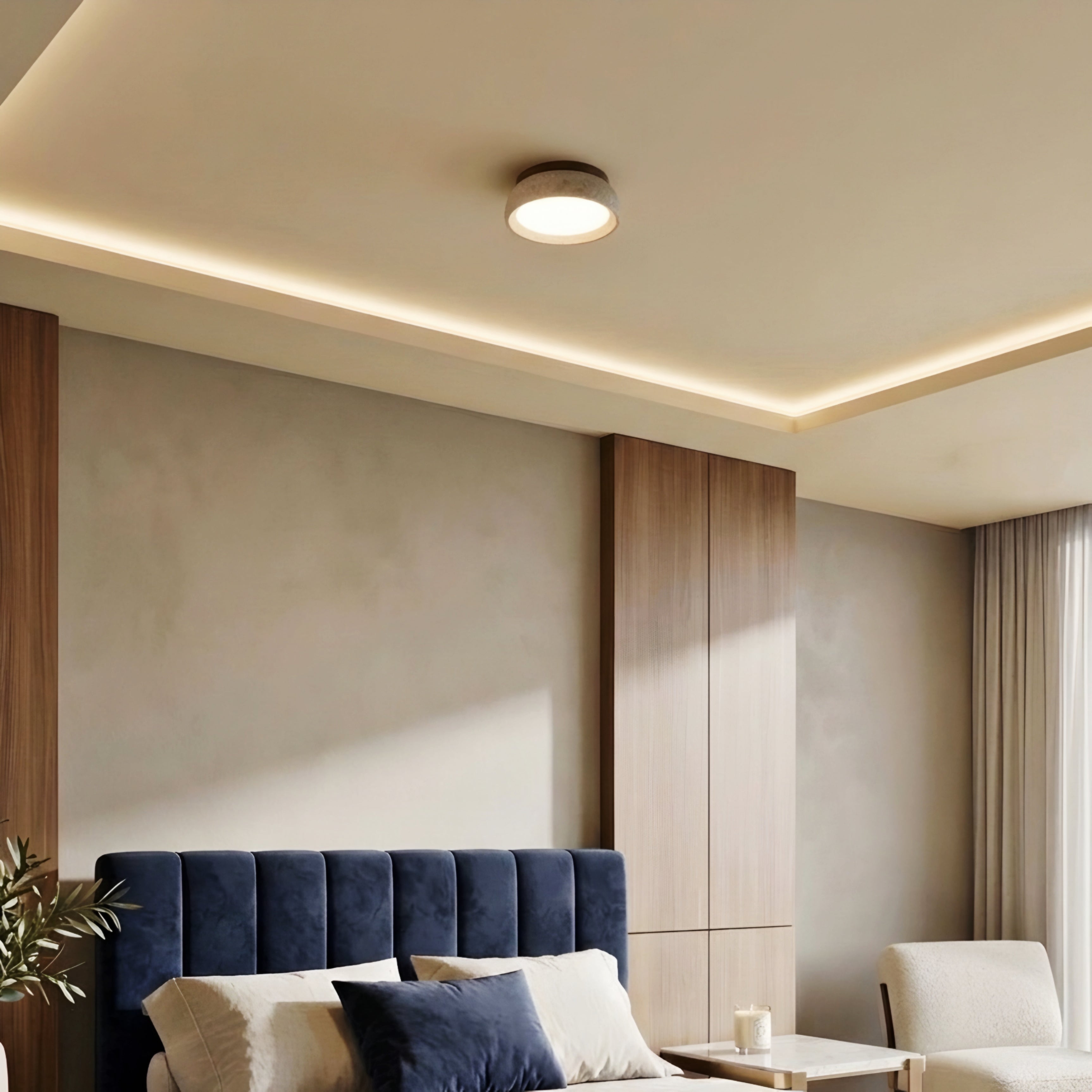 Travero Stone Flush Mount Ceiling Light – LED Travertine Wood Modern Minimalist Low Profile Ceiling Fixture