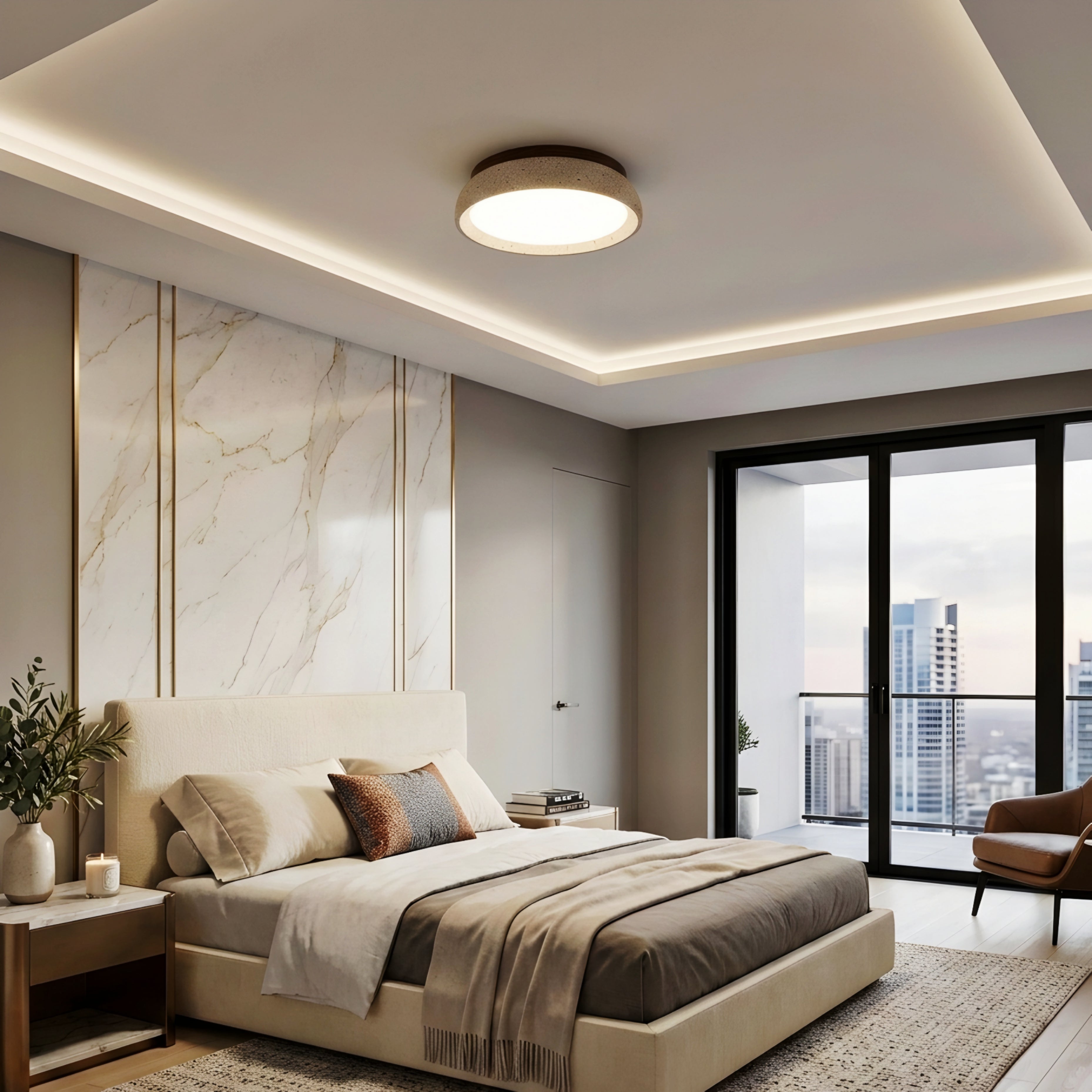 Travero Stone Flush Mount Ceiling Light – LED Travertine Wood Modern Minimalist Low Profile Ceiling Fixture