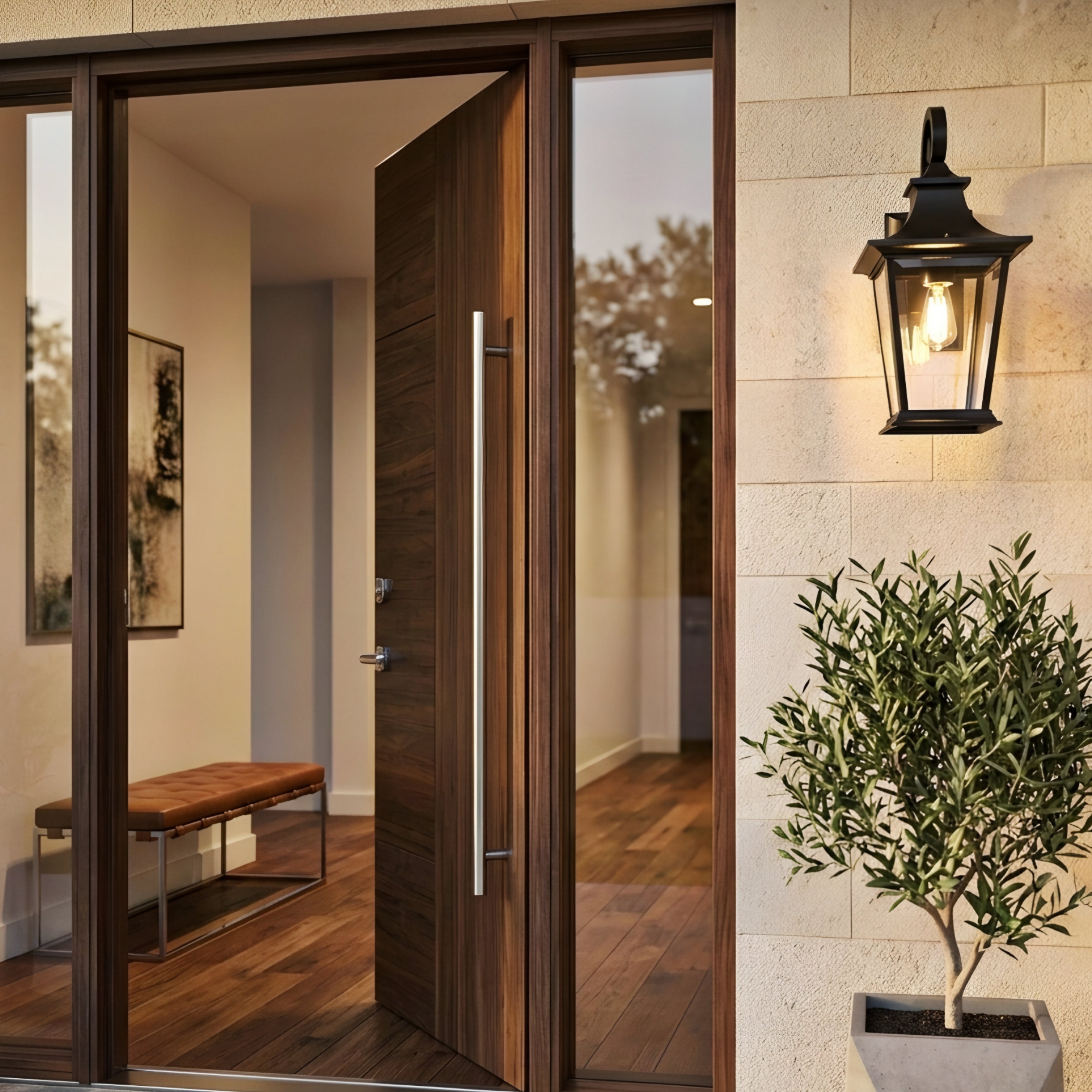 Bromley Classic Wall Lantern – Outdoor Black Metal Glass Porch Entryway Sconce Lighting Fixture