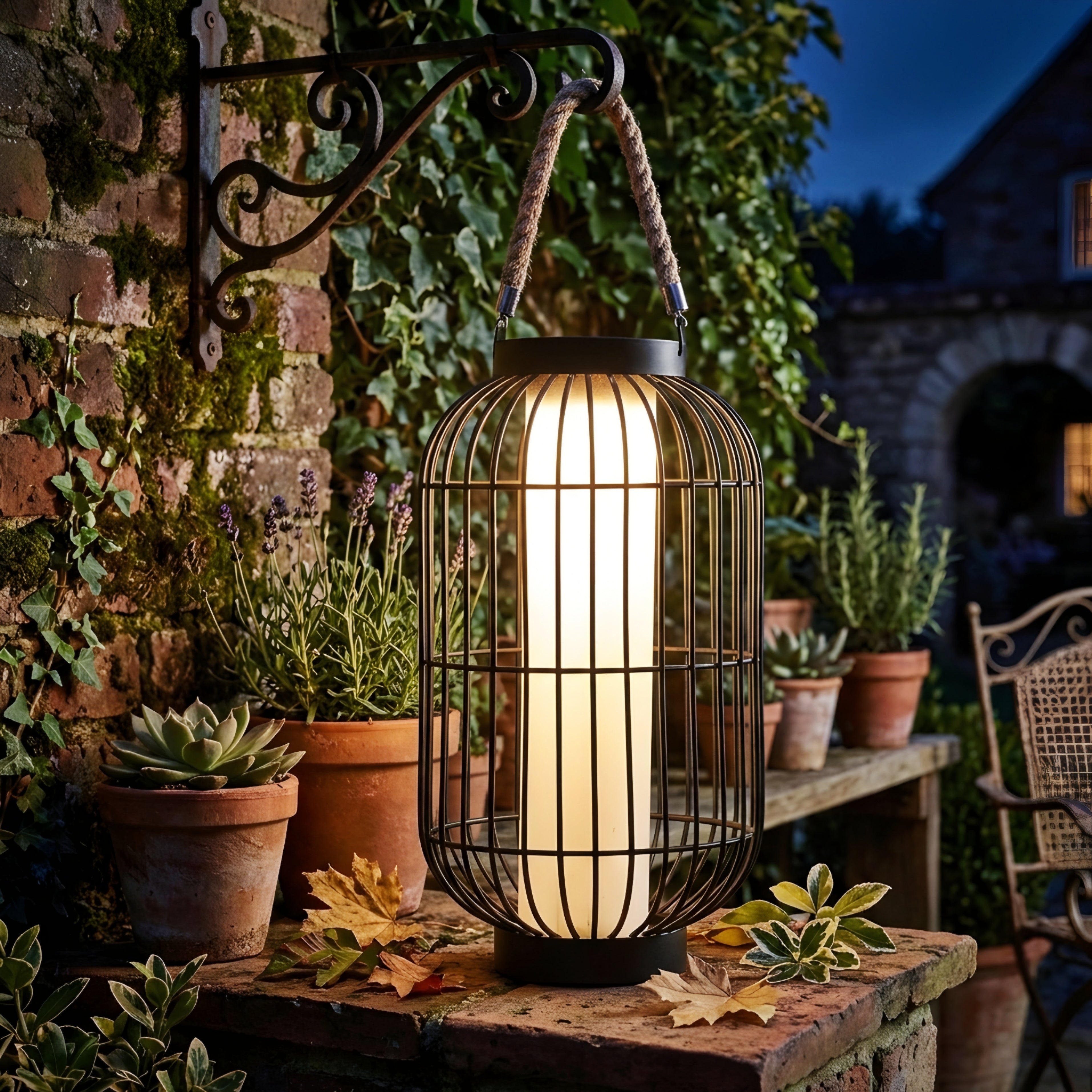 Ravello Cage Lantern Light – LED Outdoor Portable Rustic Rope Handle Garden Patio Lighting