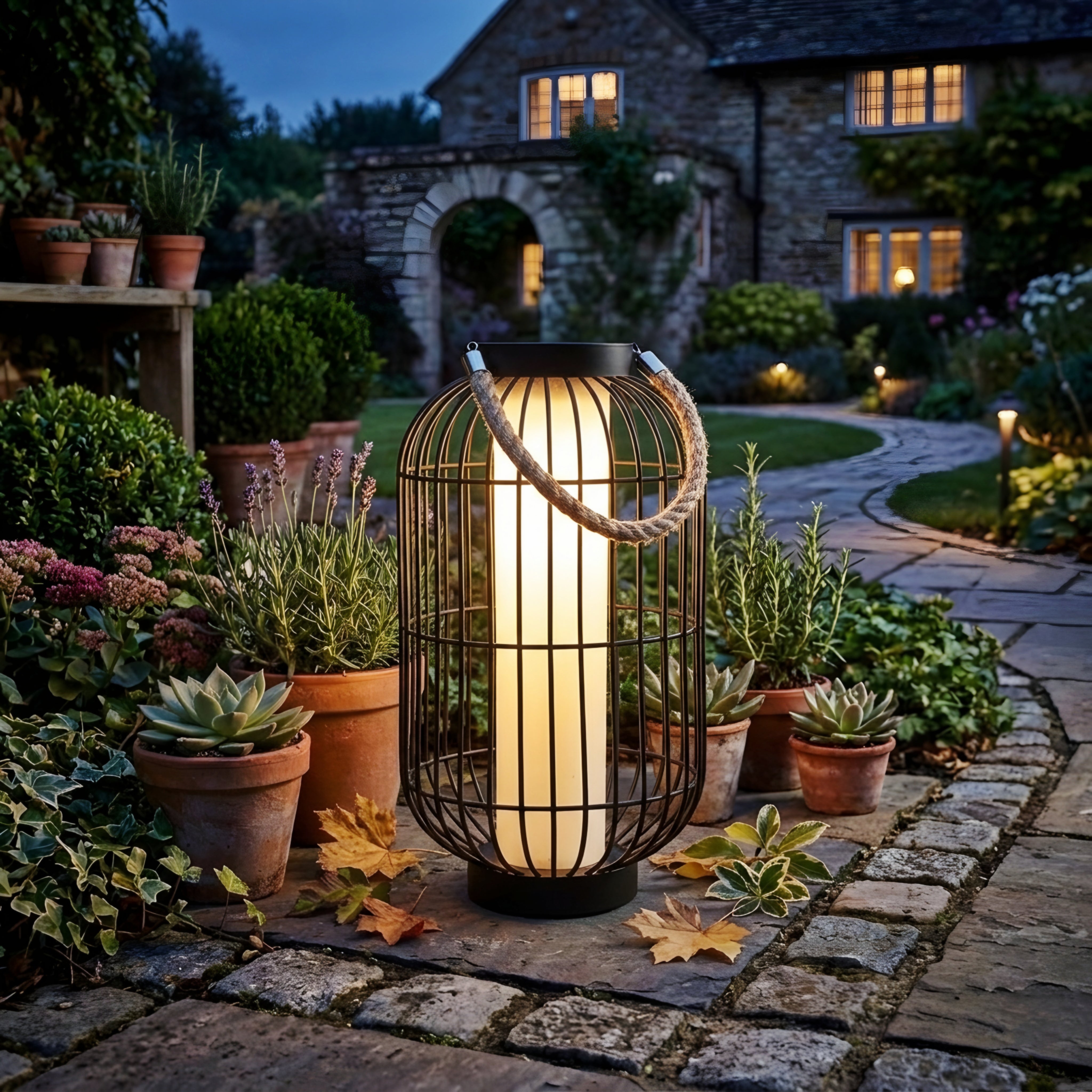 Ravello Cage Lantern Light – LED Outdoor Portable Rustic Rope Handle Garden Patio Lighting