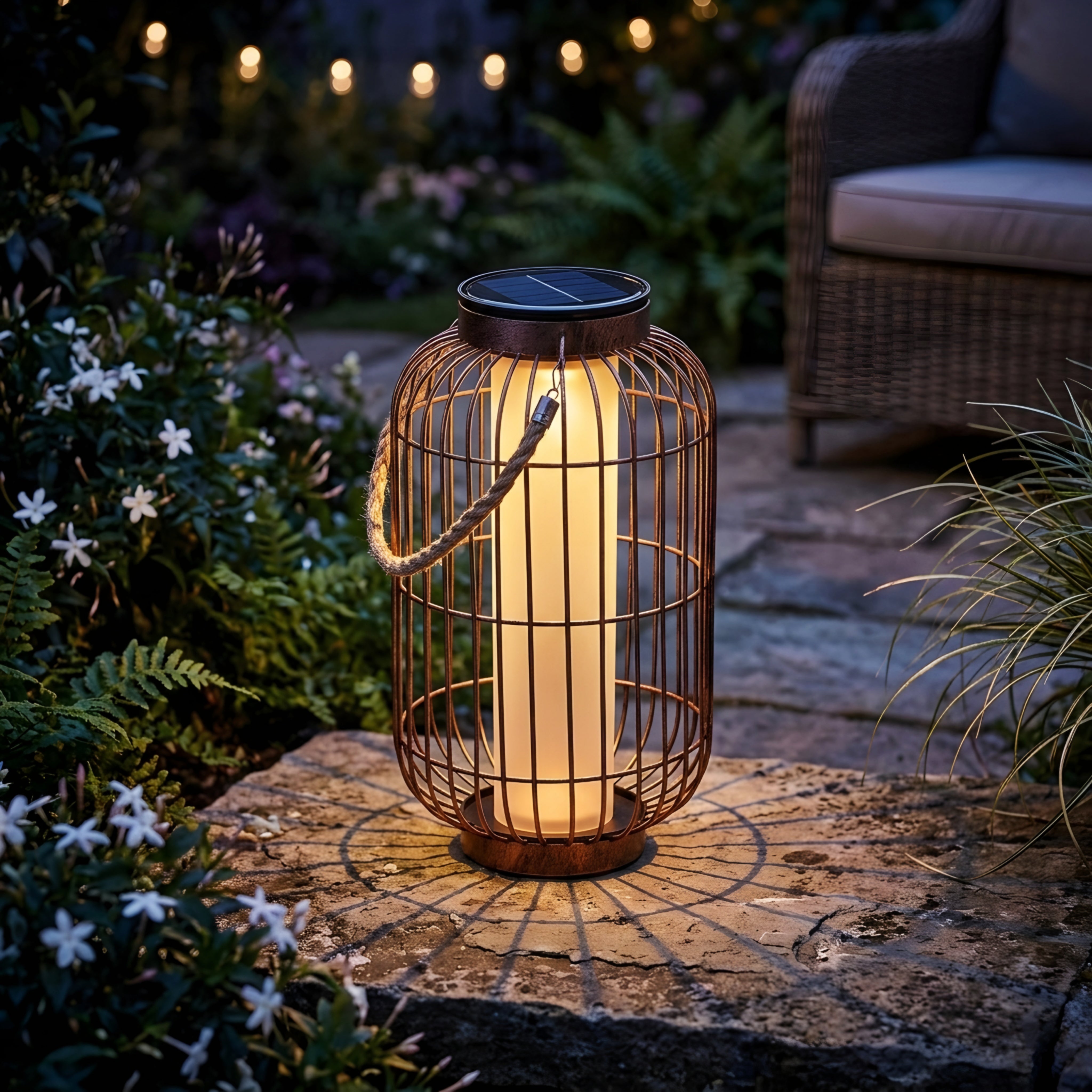 Ravello Cage Lantern Light – LED Outdoor Portable Rustic Rope Handle Garden Patio Lighting