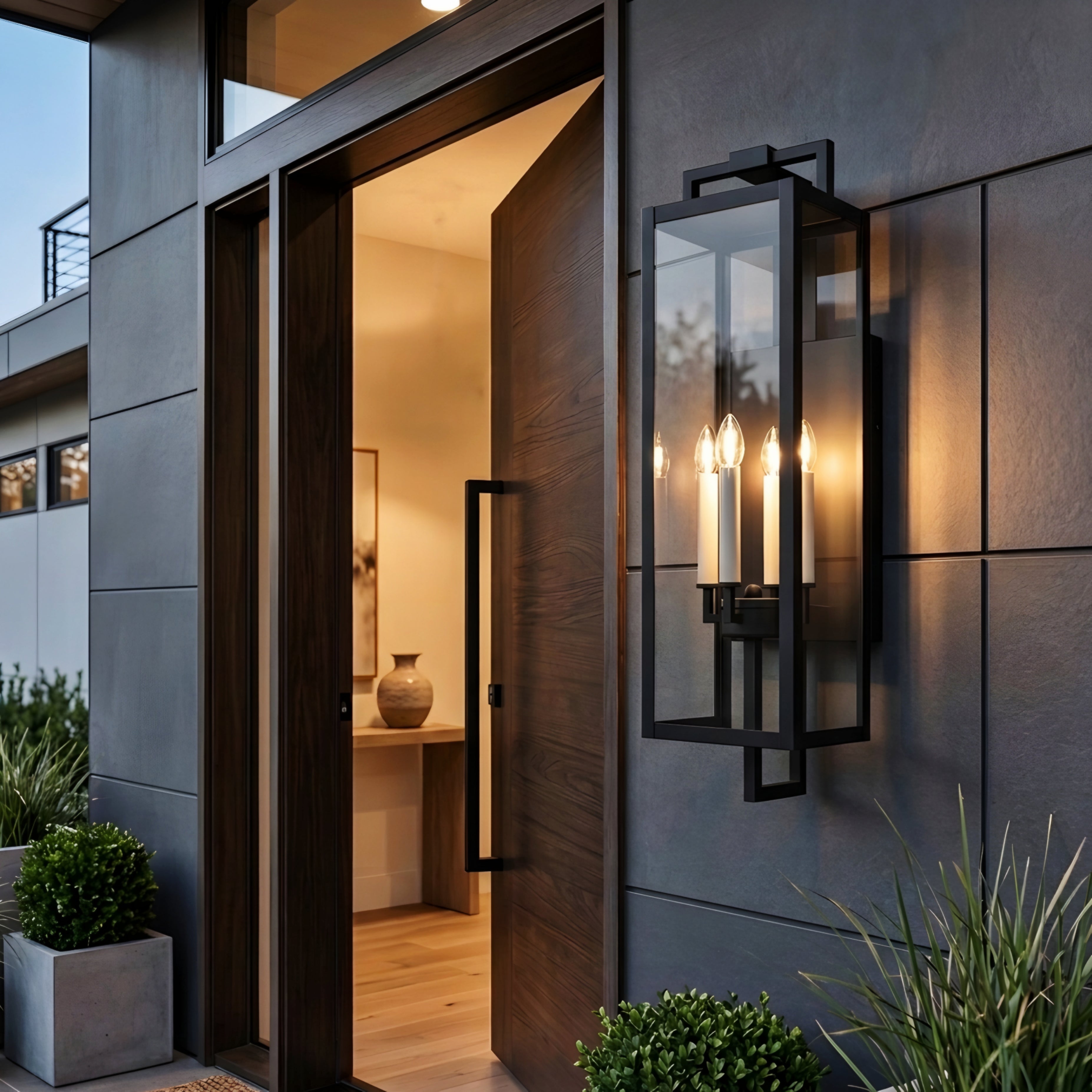 Varese Outdoor Lantern Wall Light – Black Modern Farmhouse Glass Sconce 4-Light Exterior Fixture