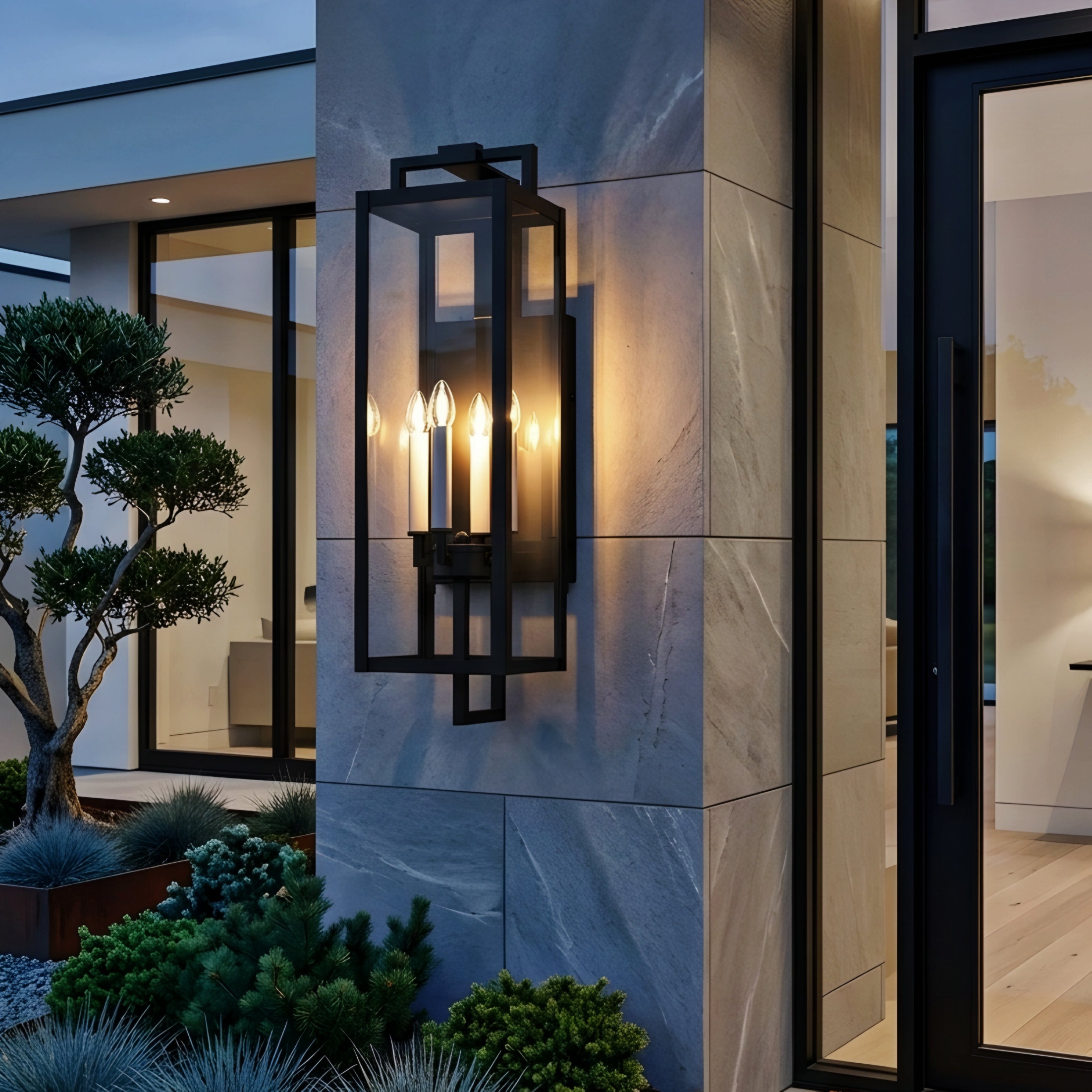 Varese Outdoor Lantern Wall Light – Black Modern Farmhouse Glass Sconce 4-Light Exterior Fixture