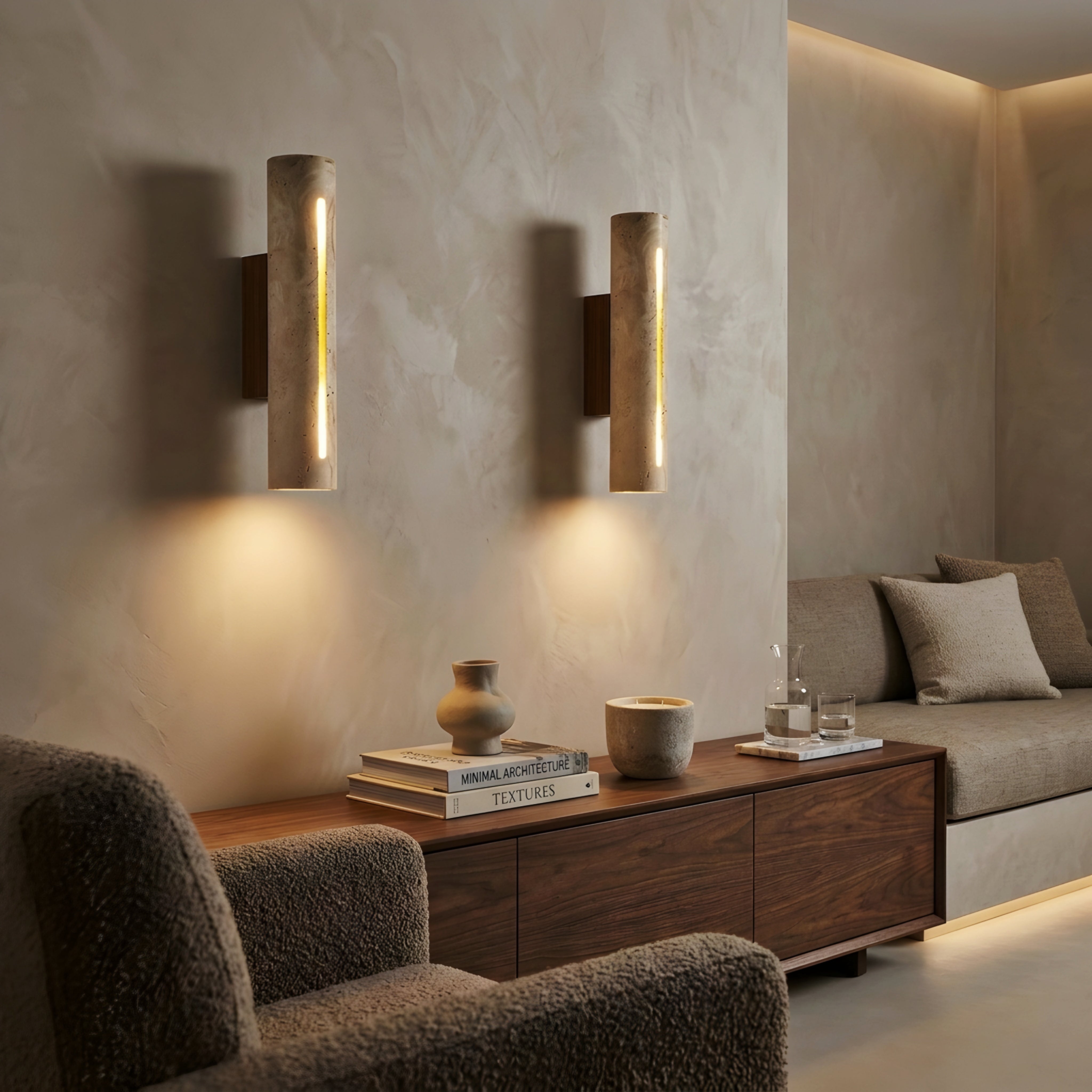 Travion Stone Wall Sconce – Modern Travertine LED Vertical Bathroom Hallway Ambient Lighting Fixture
