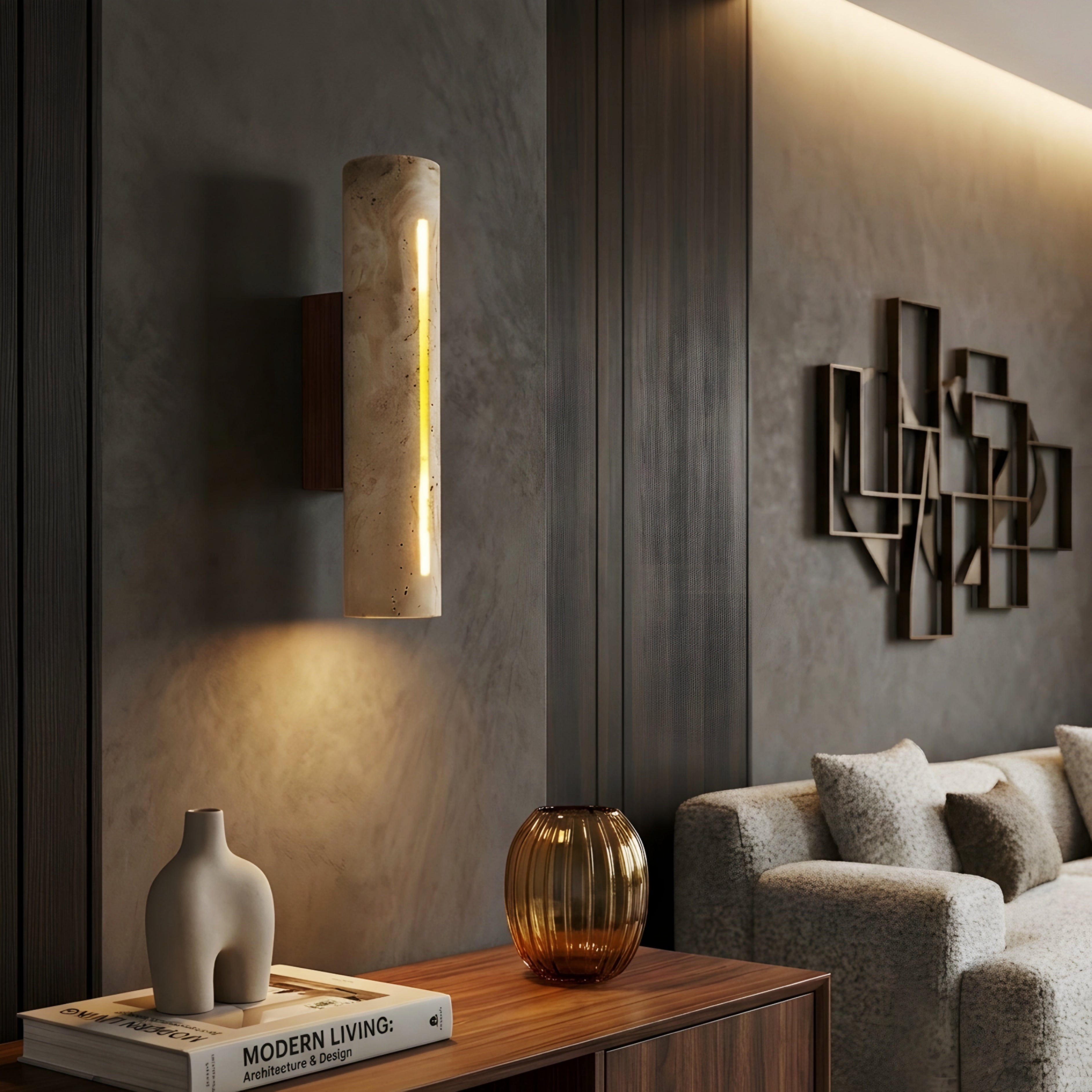 Travion Stone Wall Sconce – Modern Travertine LED Vertical Bathroom Hallway Ambient Lighting Fixture