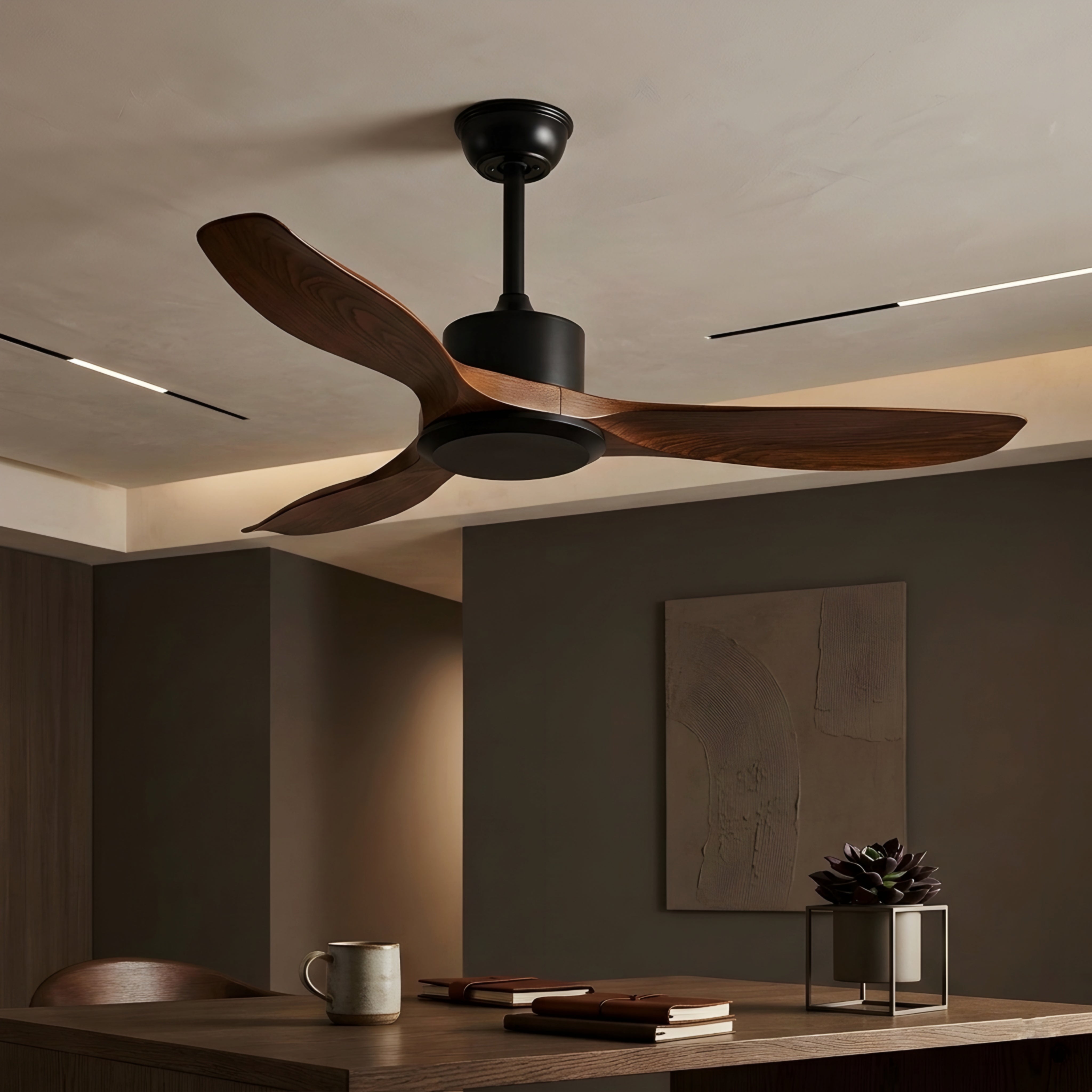 Averon Ceiling Fan Light – Modern Wood Blade LED Nordic Minimalist Bedroom Living Room Cooling Lighting Fixture