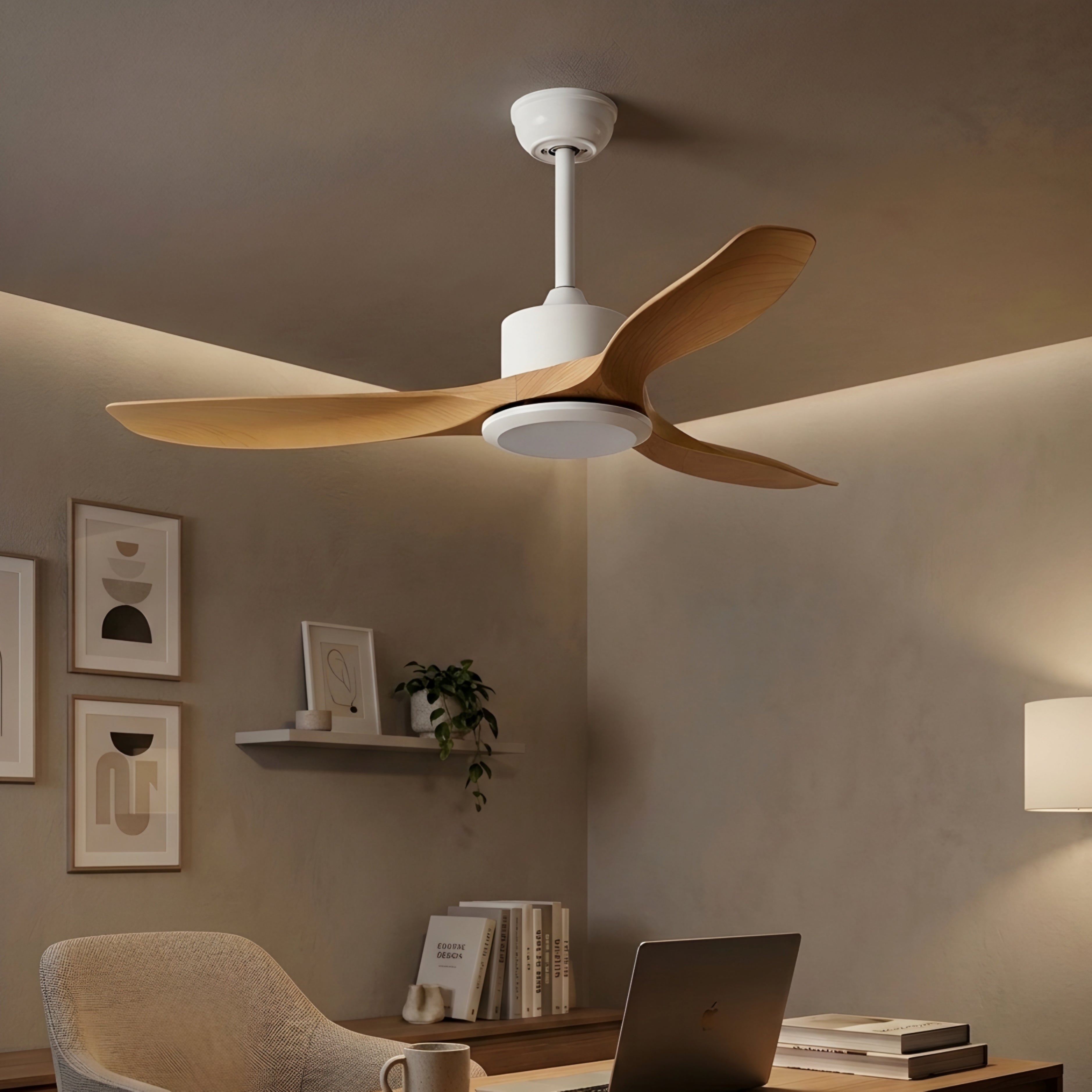 Averon Ceiling Fan Light – Modern Wood Blade LED Nordic Minimalist Bedroom Living Room Cooling Lighting Fixture