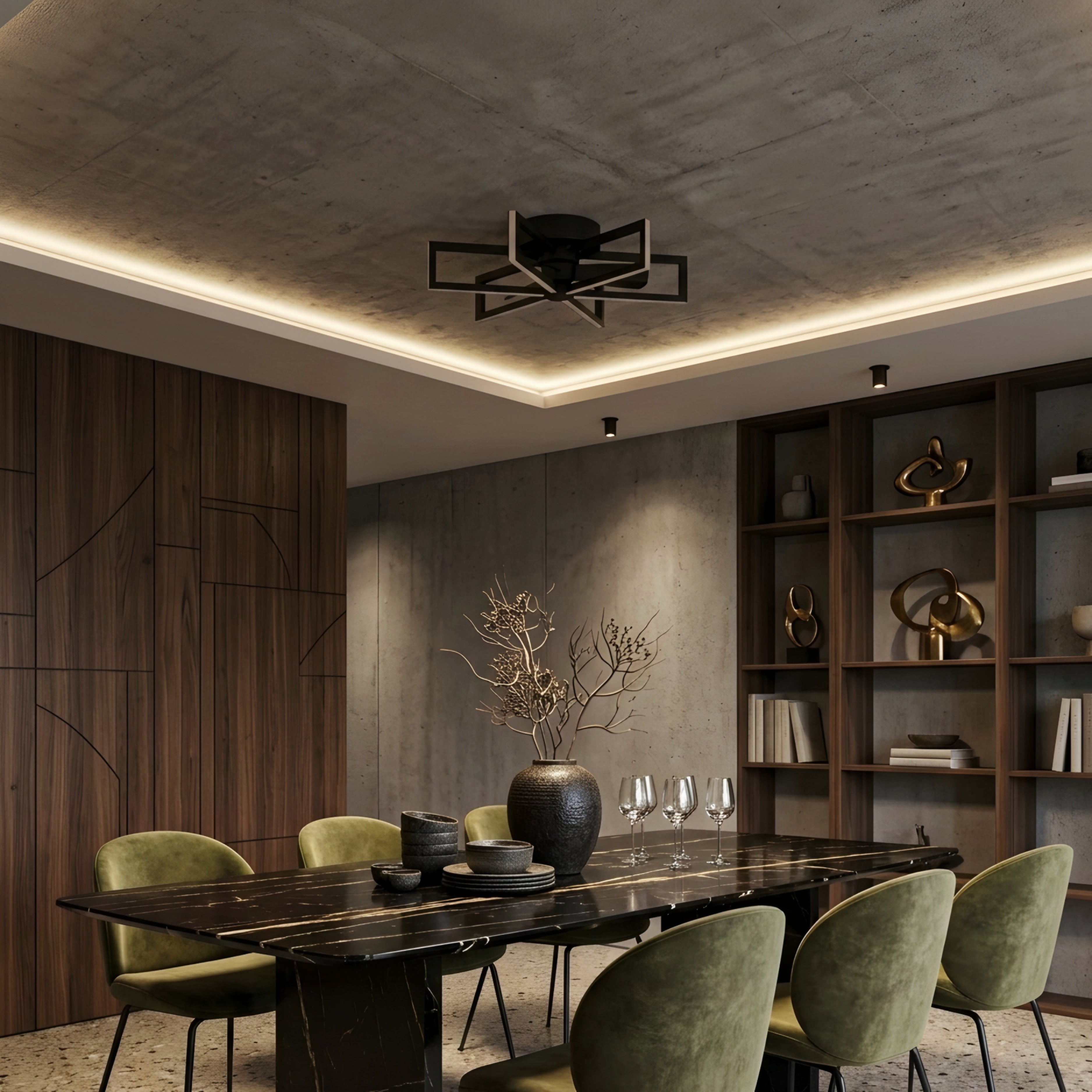 Zentari Ceiling Fan Light – Modern LED Black Flush Mount Minimalist Geometric Bedroom Lighting