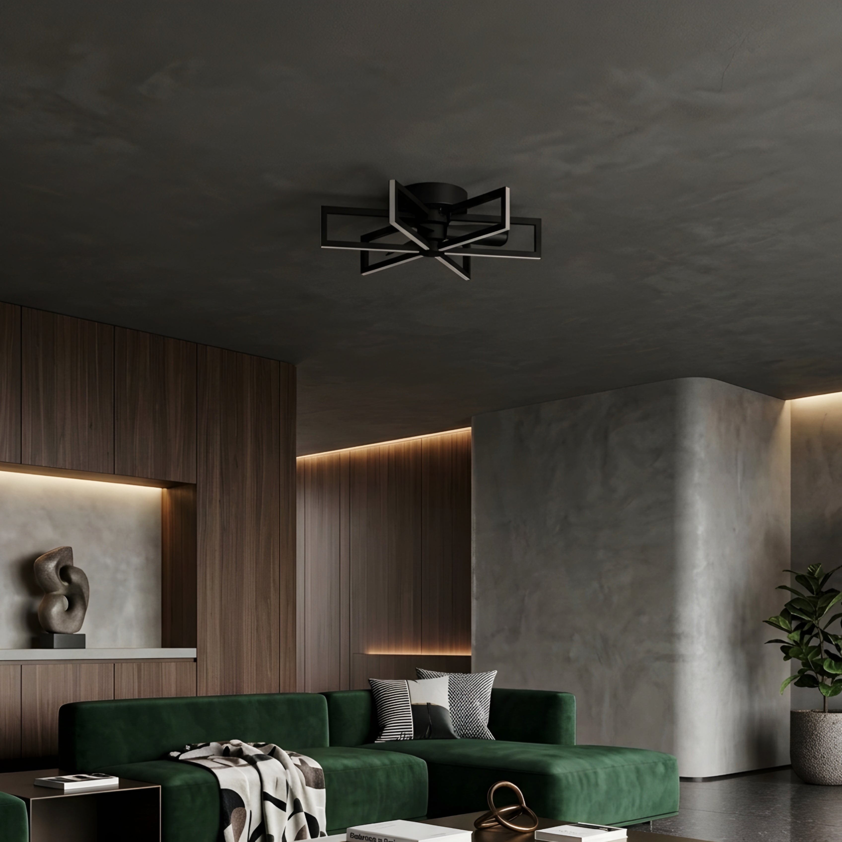 Zentari Ceiling Fan Light – Modern LED Black Flush Mount Minimalist Geometric Bedroom Lighting
