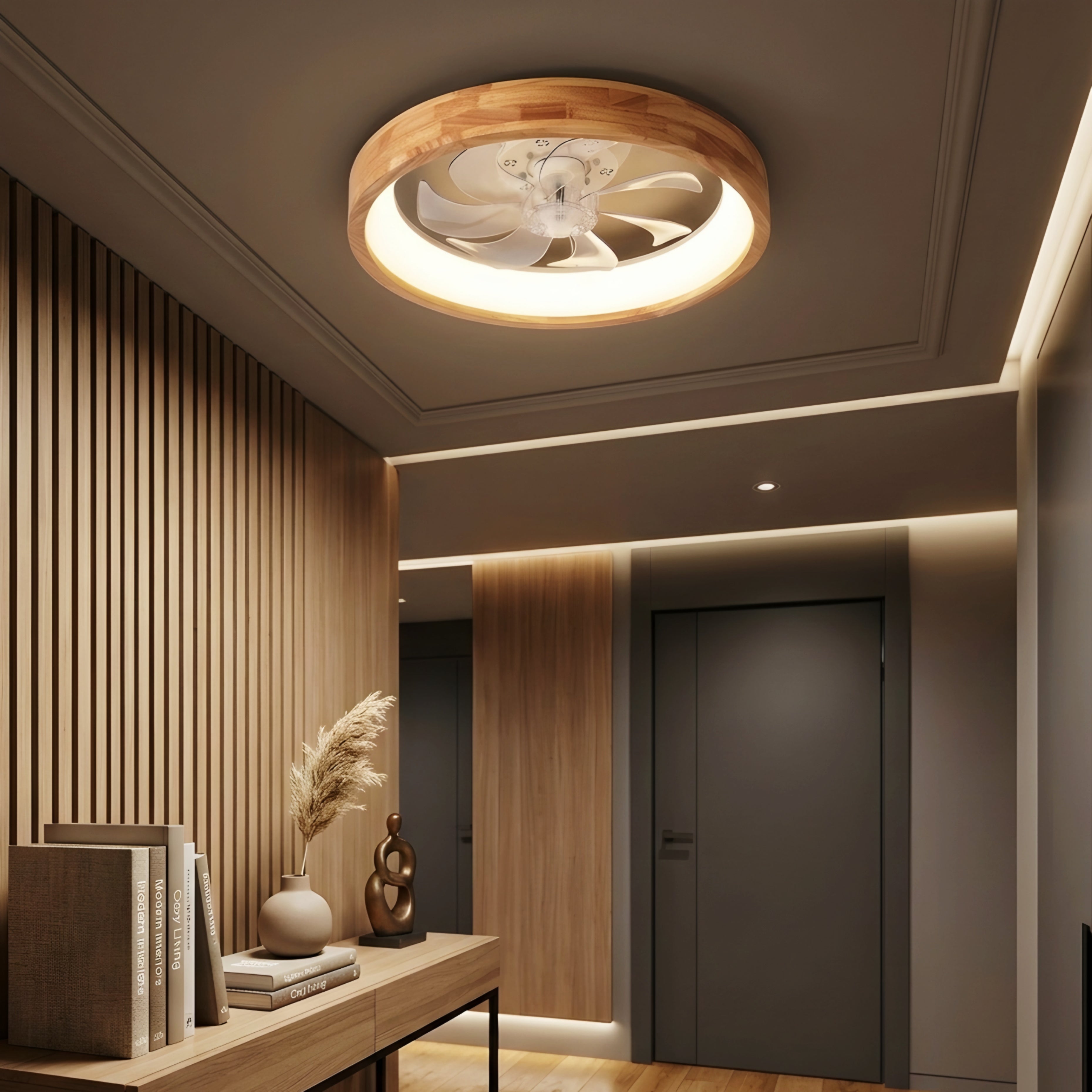 Avelis Flush Mount Ceiling Fan Light – Modern Wood LED Low Profile Bedroom Smart Cooling Lighting Fixture