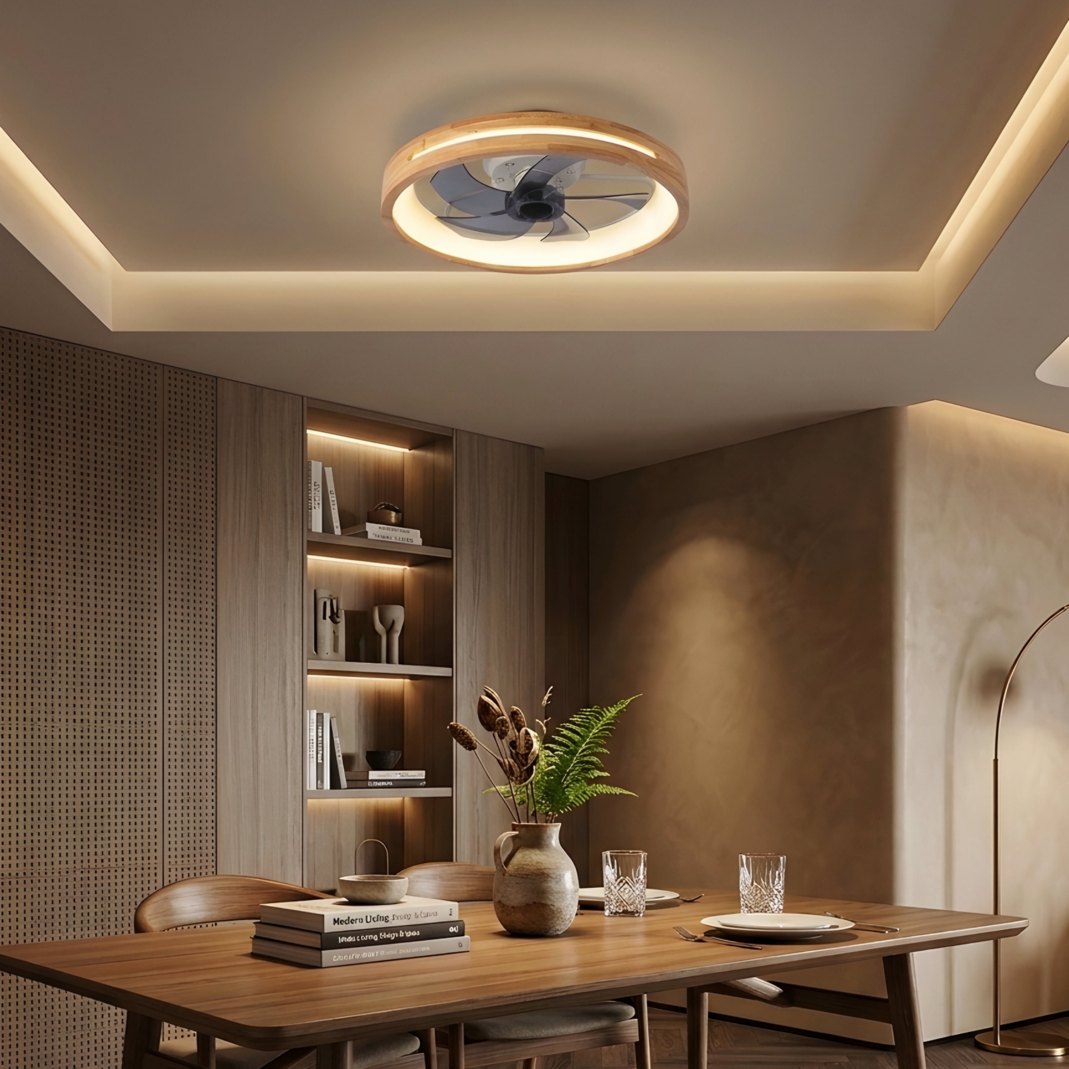 Avelis Flush Mount Ceiling Fan Light – Modern Wood LED Low Profile Bedroom Smart Cooling Lighting Fixture