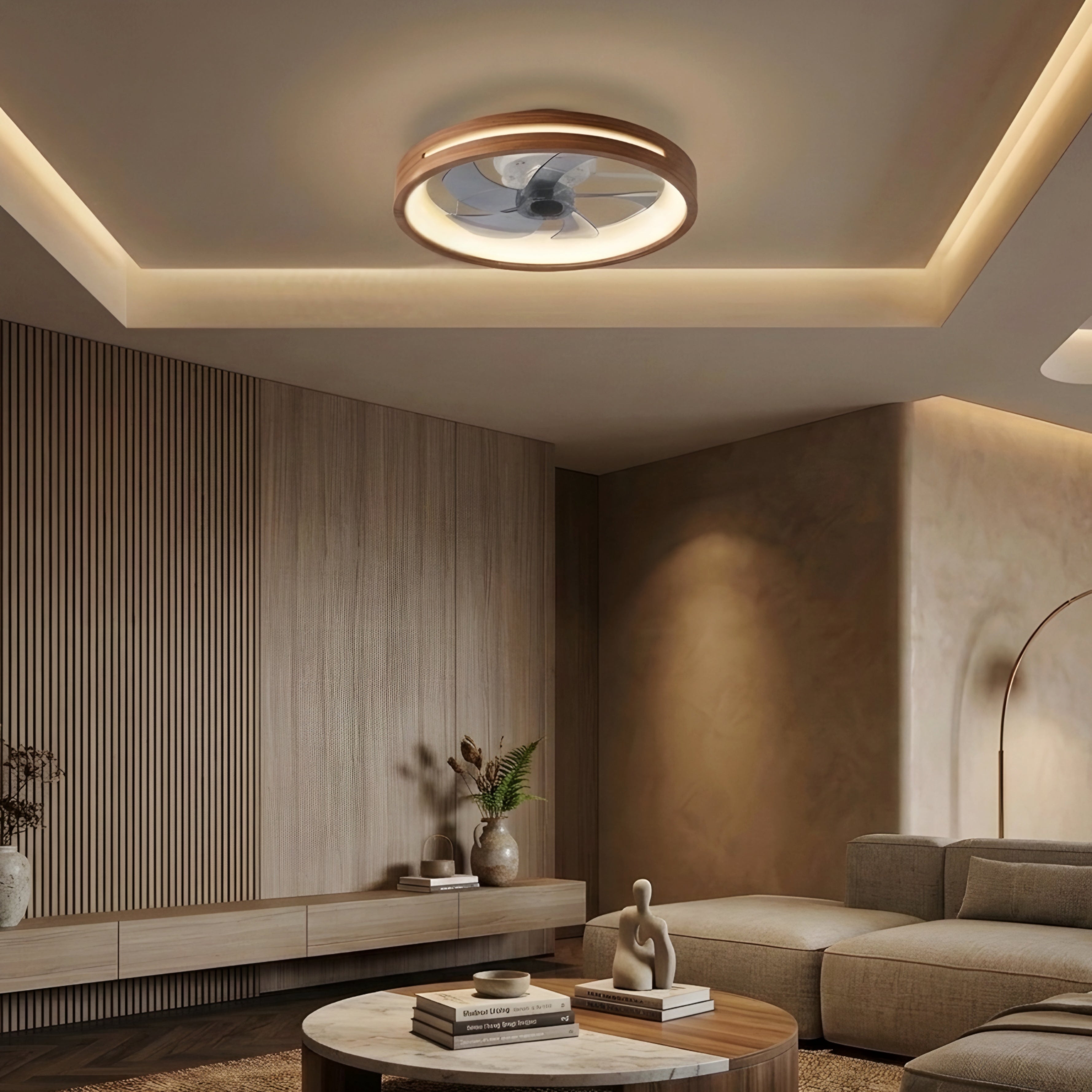 Avelis Flush Mount Ceiling Fan Light – Modern Wood LED Low Profile Bedroom Smart Cooling Lighting Fixture