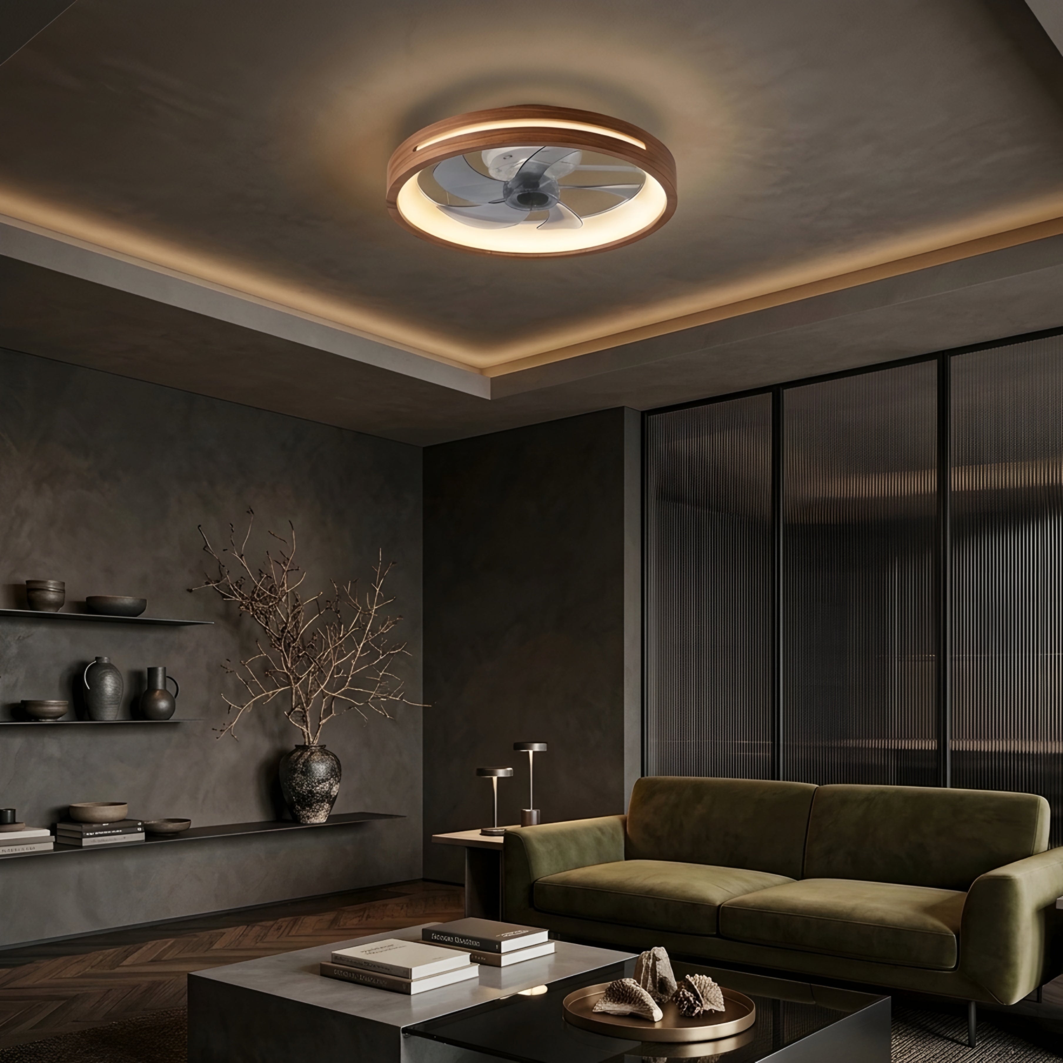 Avelis Flush Mount Ceiling Fan Light – Modern Wood LED Low Profile Bedroom Smart Cooling Lighting Fixture