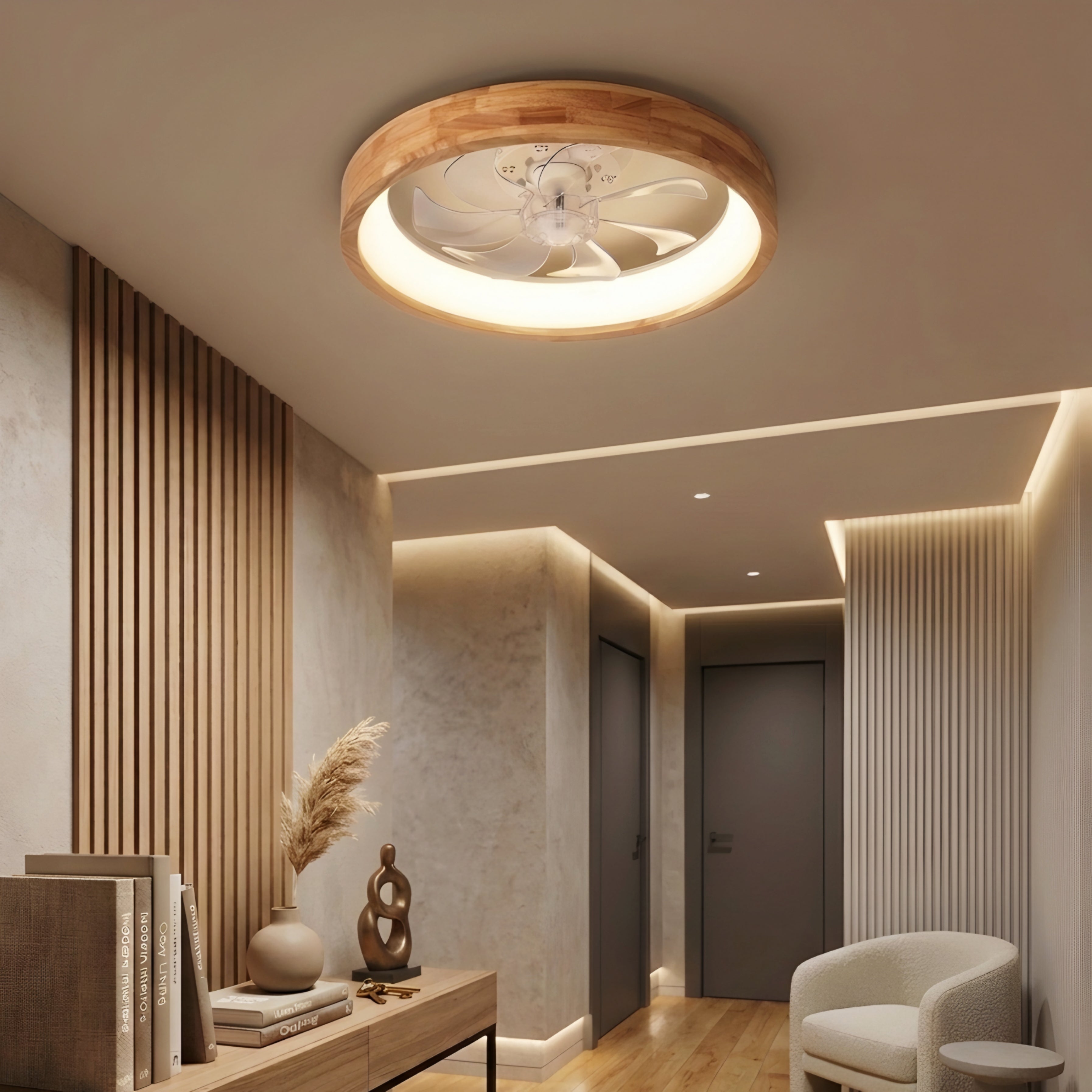 Avelis Flush Mount Ceiling Fan Light – Modern Wood LED Low Profile Bedroom Smart Cooling Lighting Fixture
