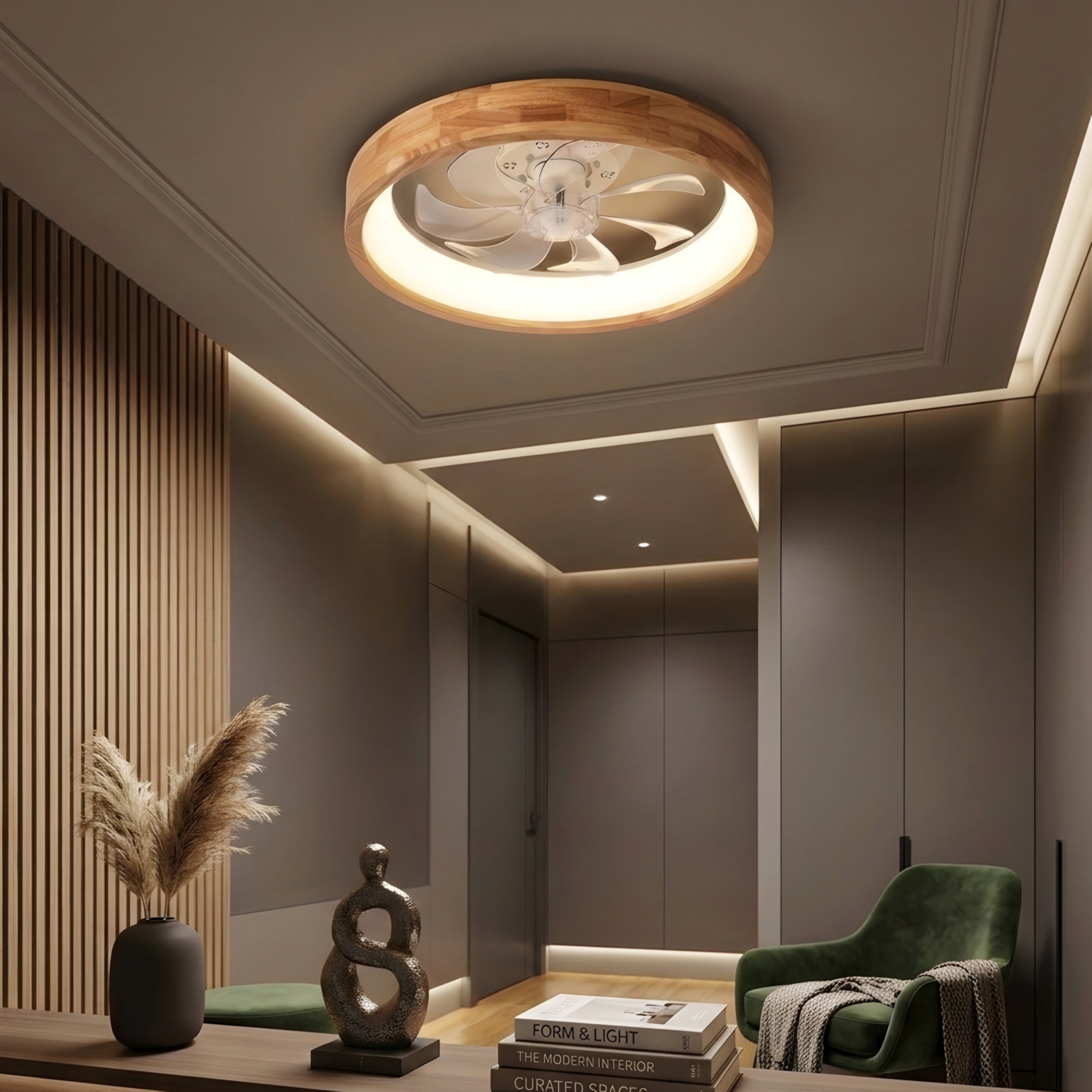 Avelis Flush Mount Ceiling Fan Light – Modern Wood LED Low Profile Bedroom Smart Cooling Lighting Fixture