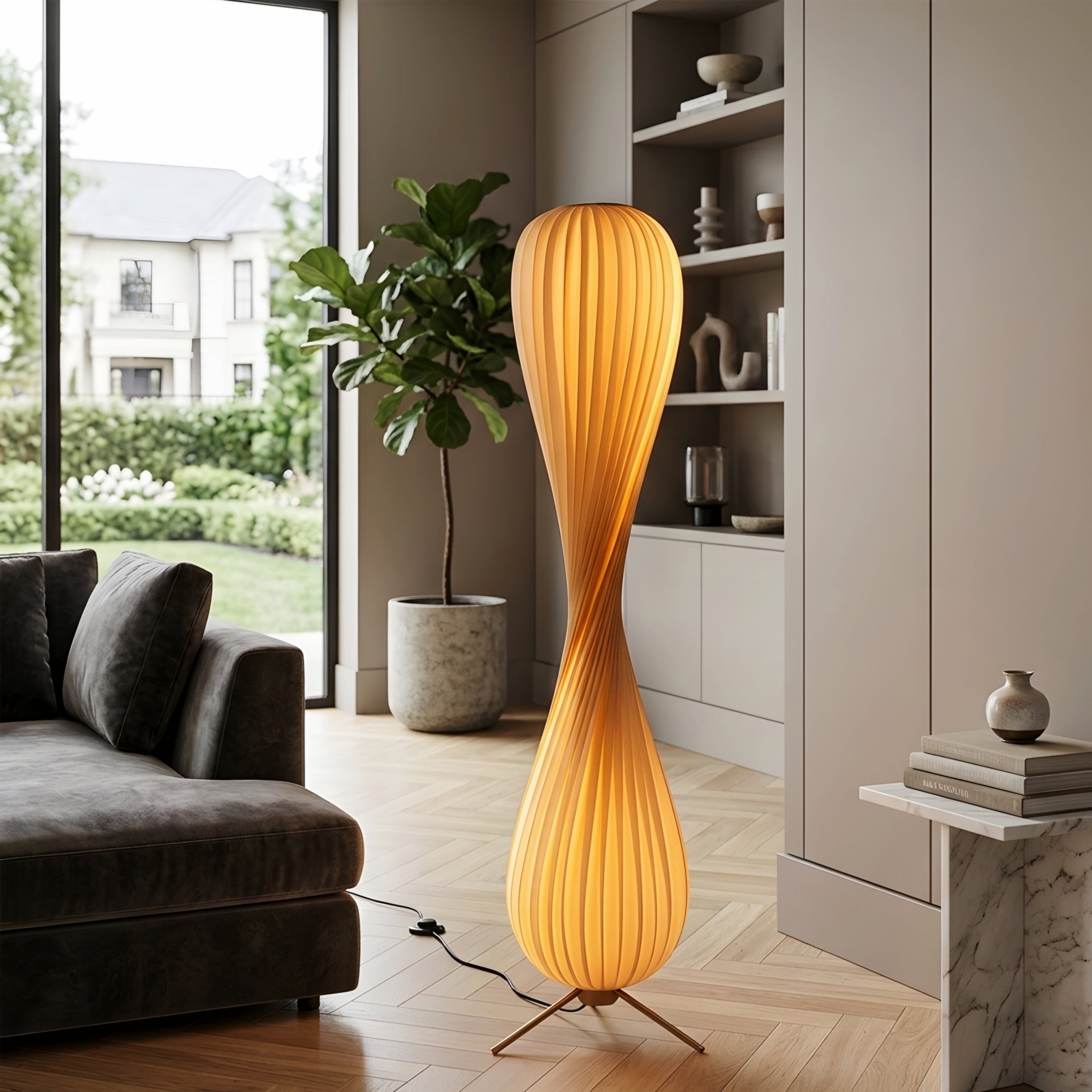 Elowen Sculptural Floor Lamp – Modern Wooden Spiral Ambient LED Living Room Statement Lighting