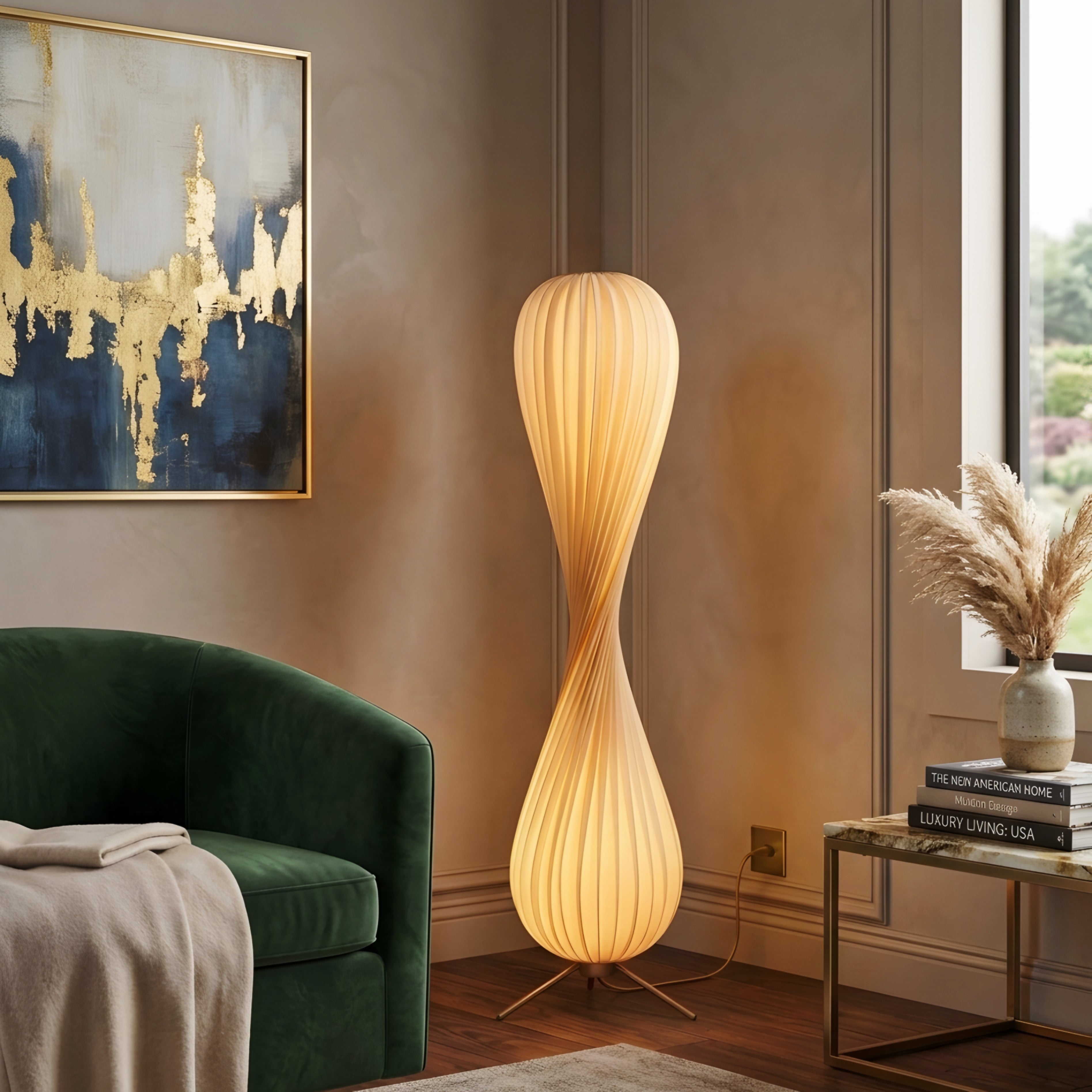 Elowen Sculptural Floor Lamp – Modern Wooden Spiral Ambient LED Living Room Statement Lighting