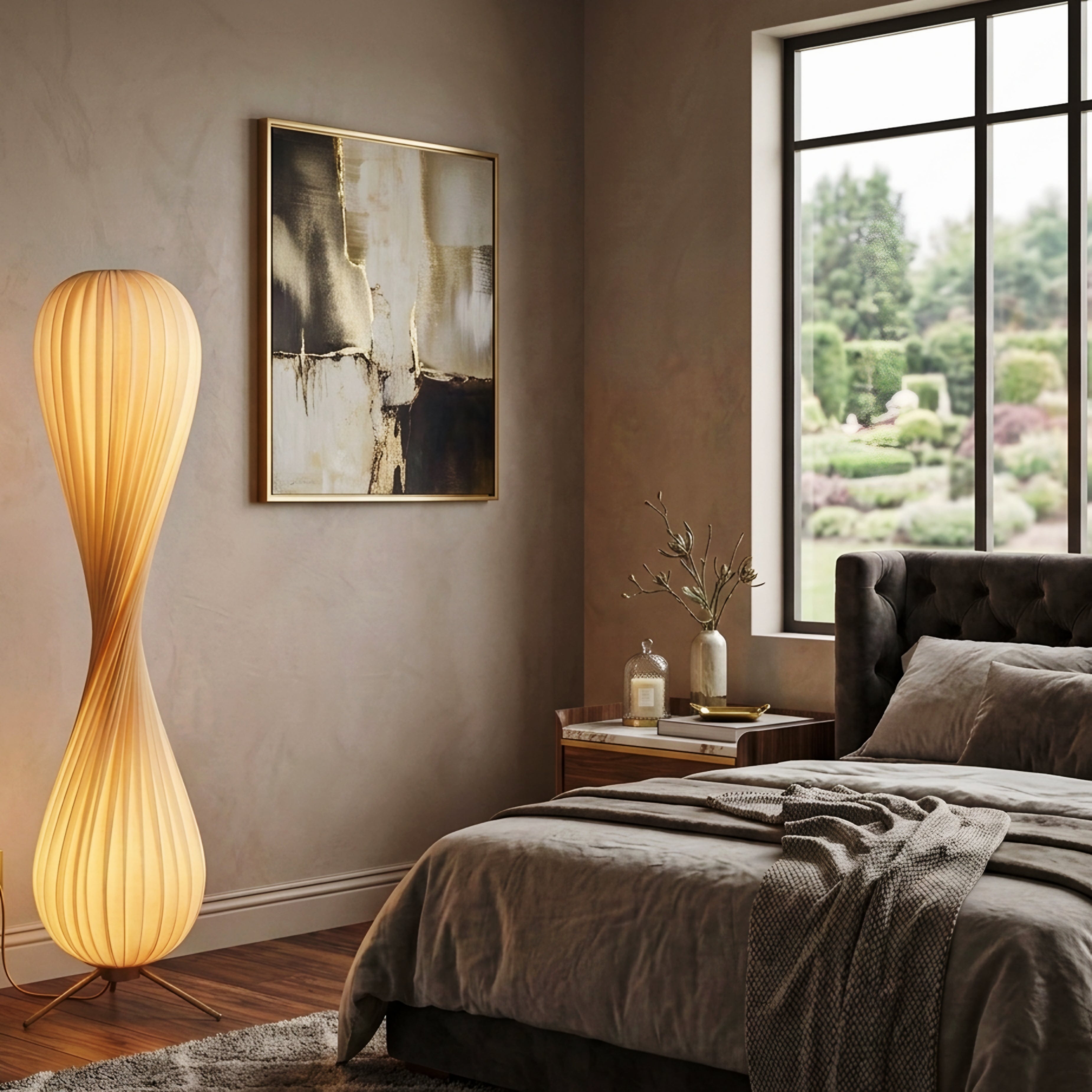 Elowen Sculptural Floor Lamp – Modern Wooden Spiral Ambient LED Living Room Statement Lighting