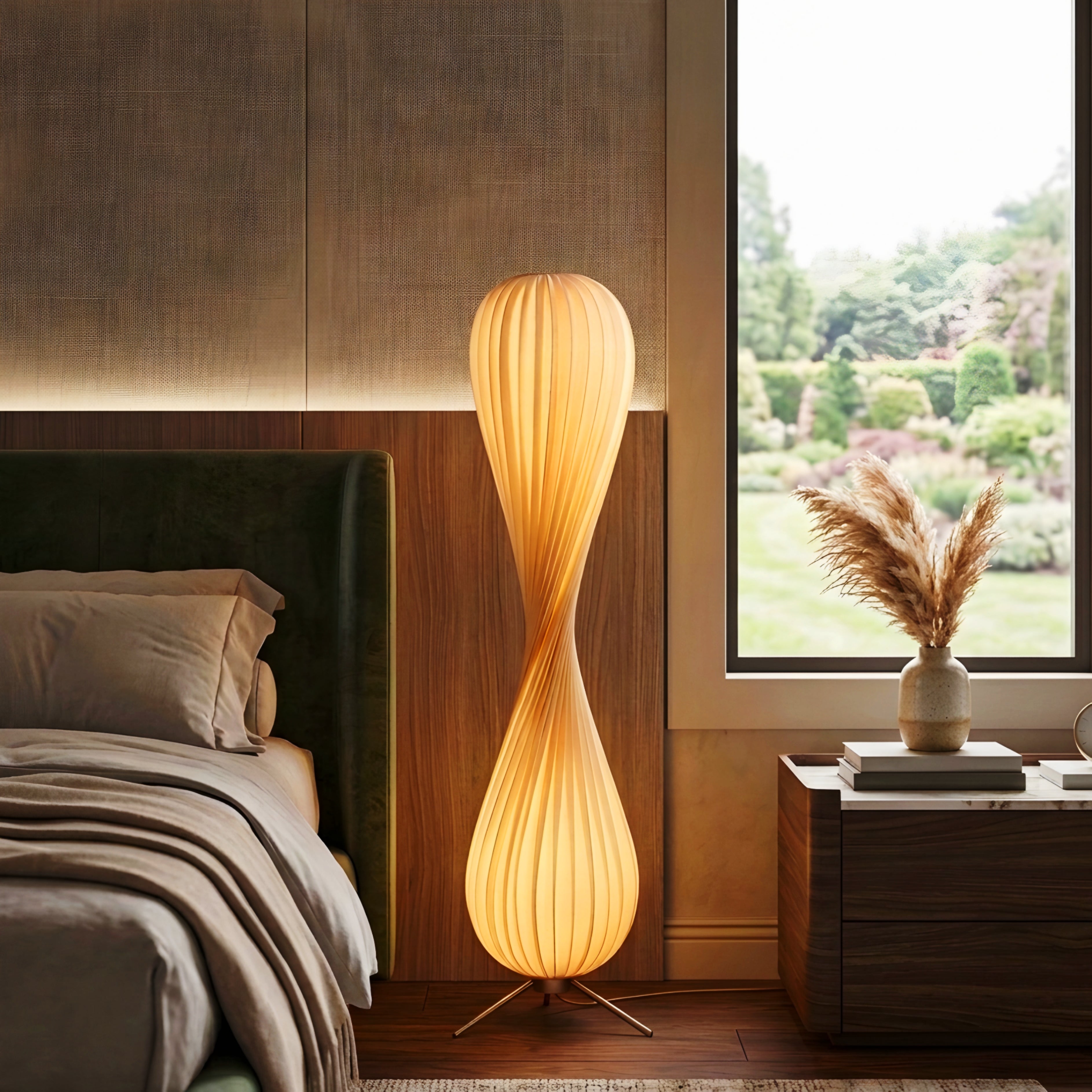 Elowen Sculptural Floor Lamp – Modern Wooden Spiral Ambient LED Living Room Statement Lighting