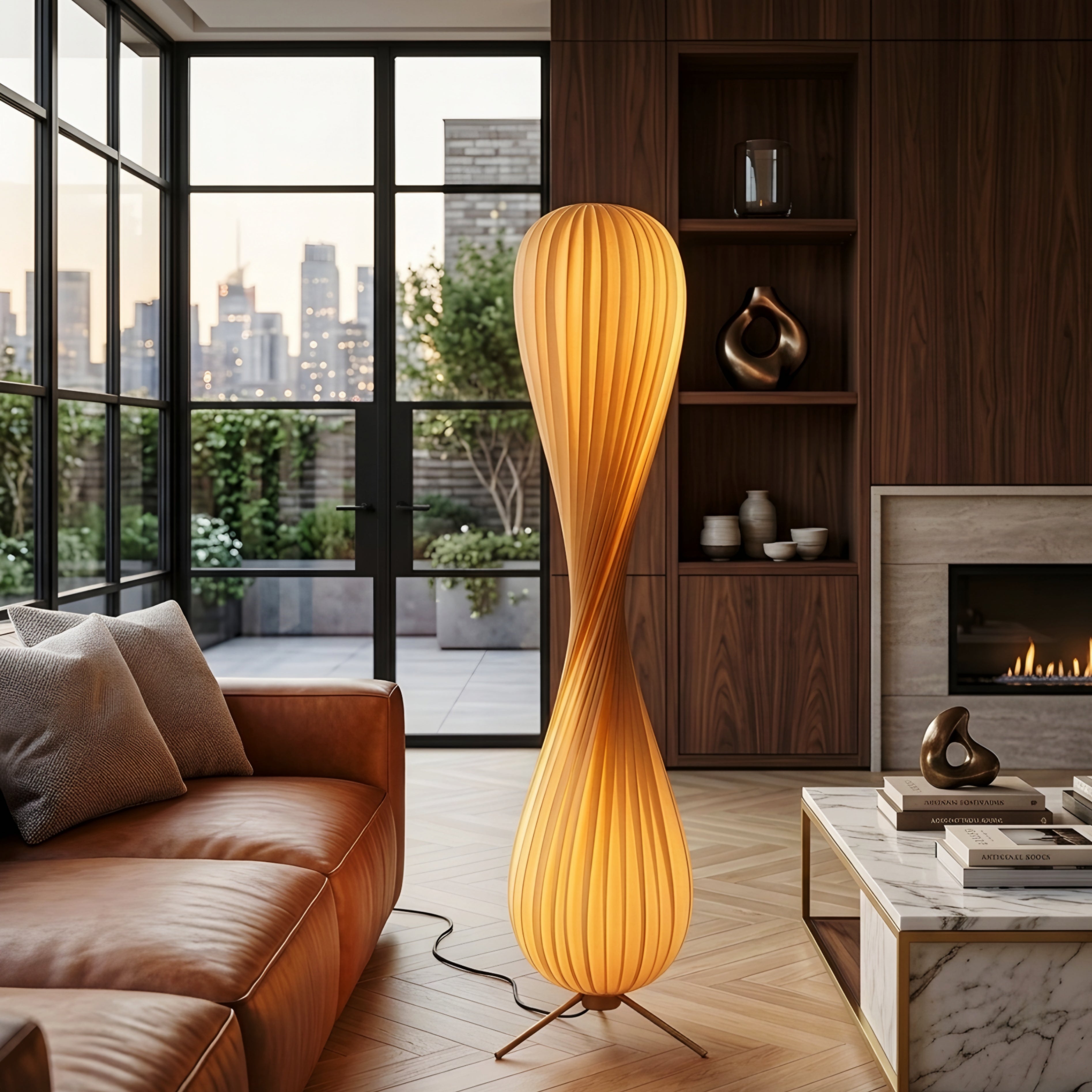 Elowen Sculptural Floor Lamp – Modern Wooden Spiral Ambient LED Living Room Statement Lighting