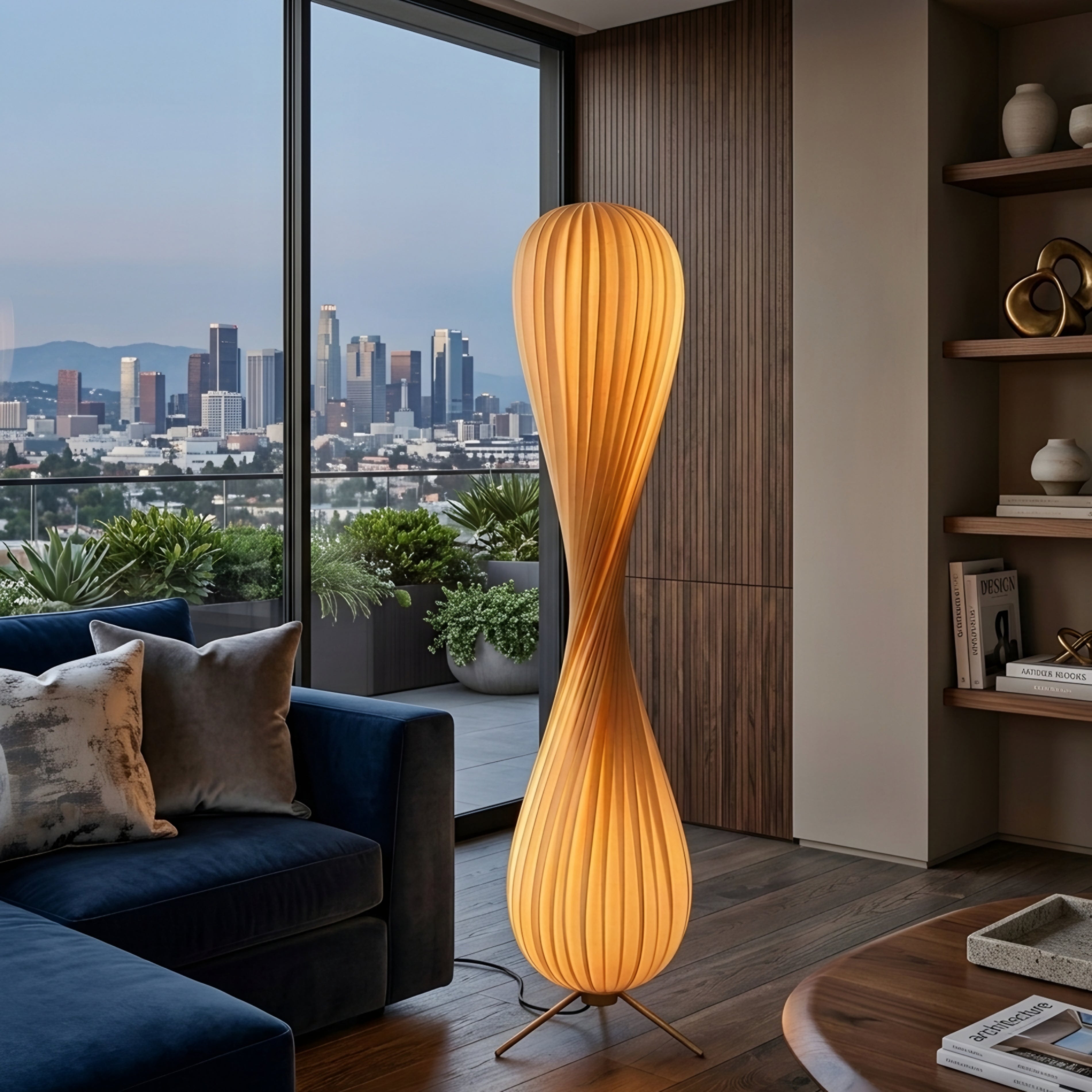 Elowen Sculptural Floor Lamp – Modern Wooden Spiral Ambient LED Living Room Statement Lighting