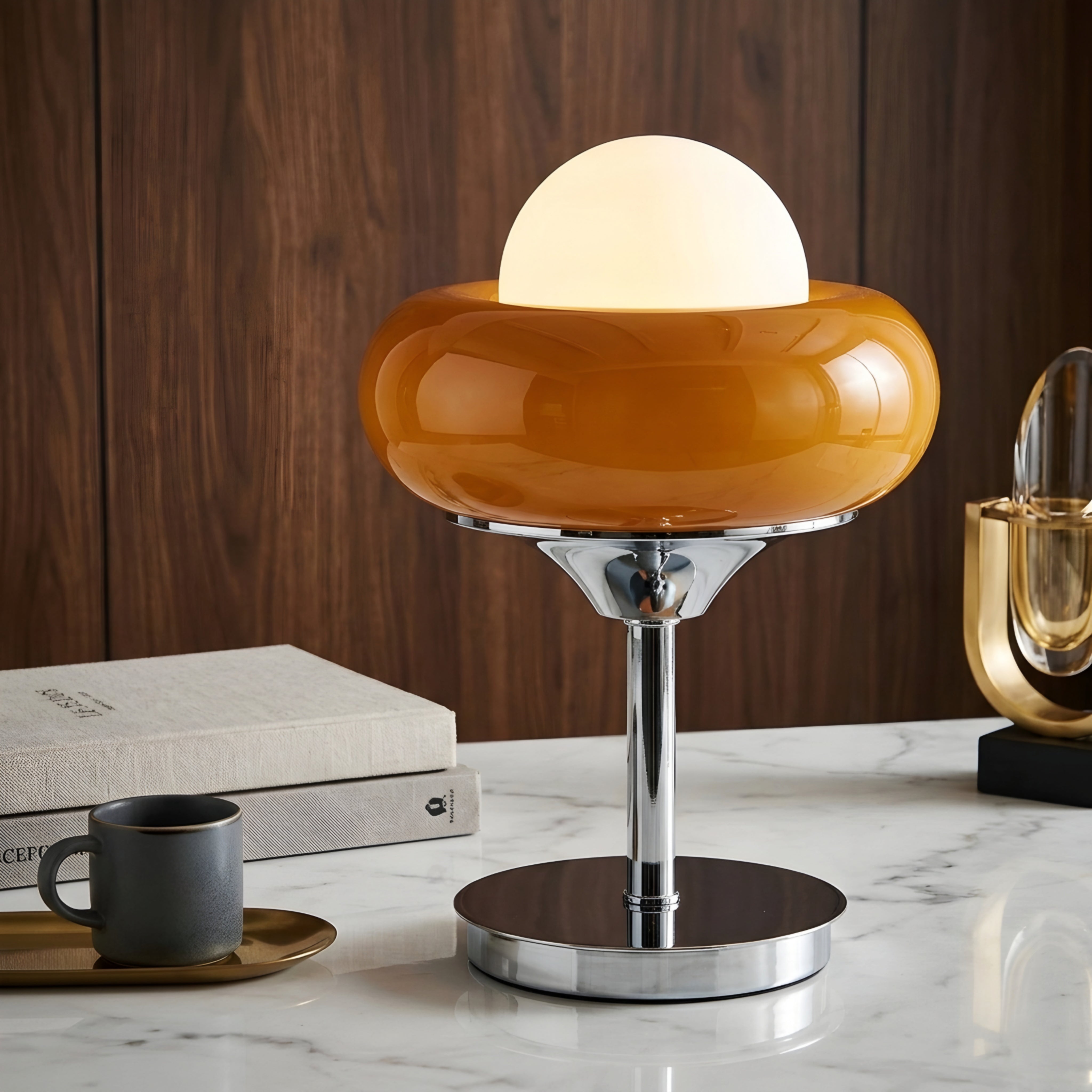 Solvra Orb Table Lamp – Modern Amber Glass Mushroom Bedside Accent LED Desk Lighting