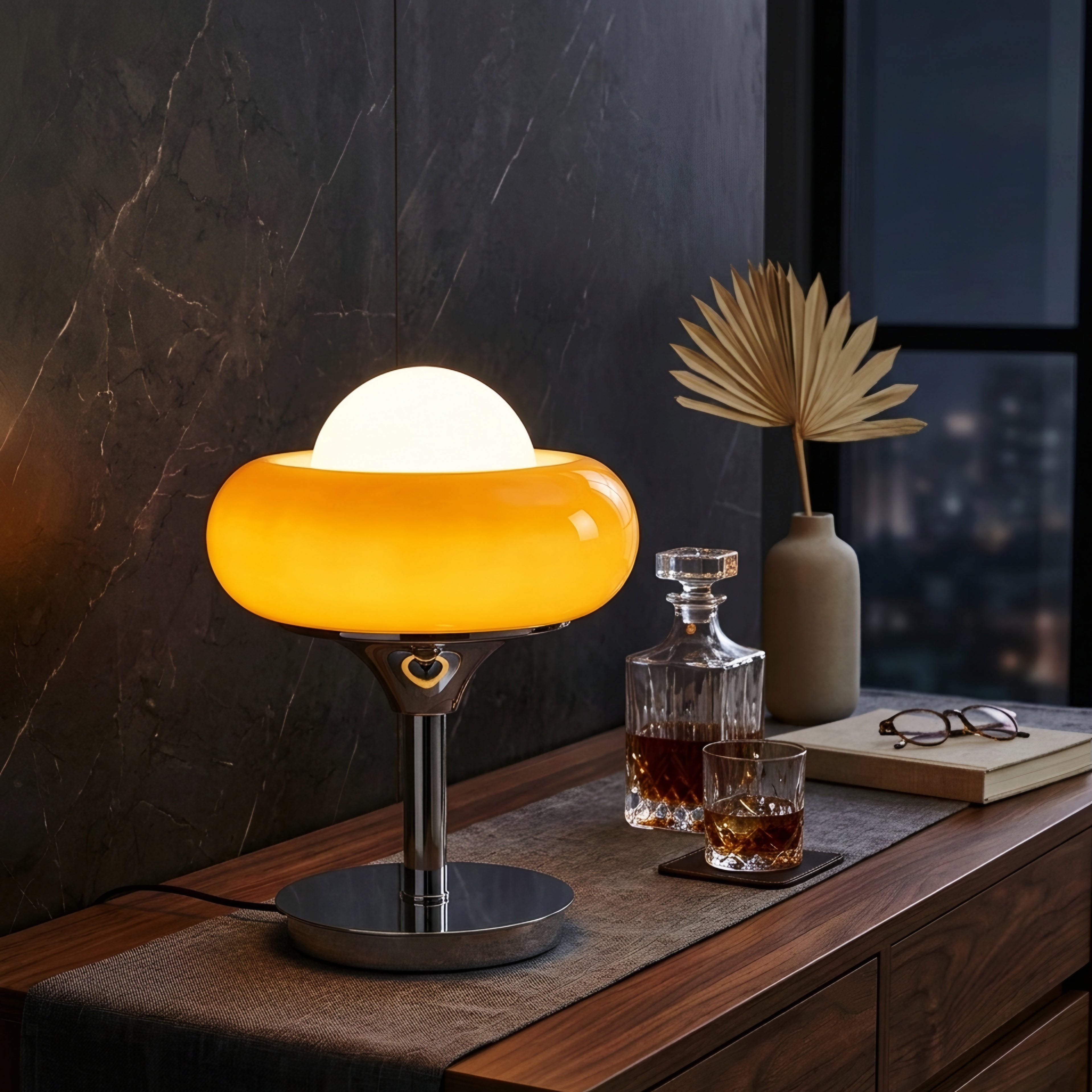 Solvra Orb Table Lamp – Modern Amber Glass Mushroom Bedside Accent LED Desk Lighting