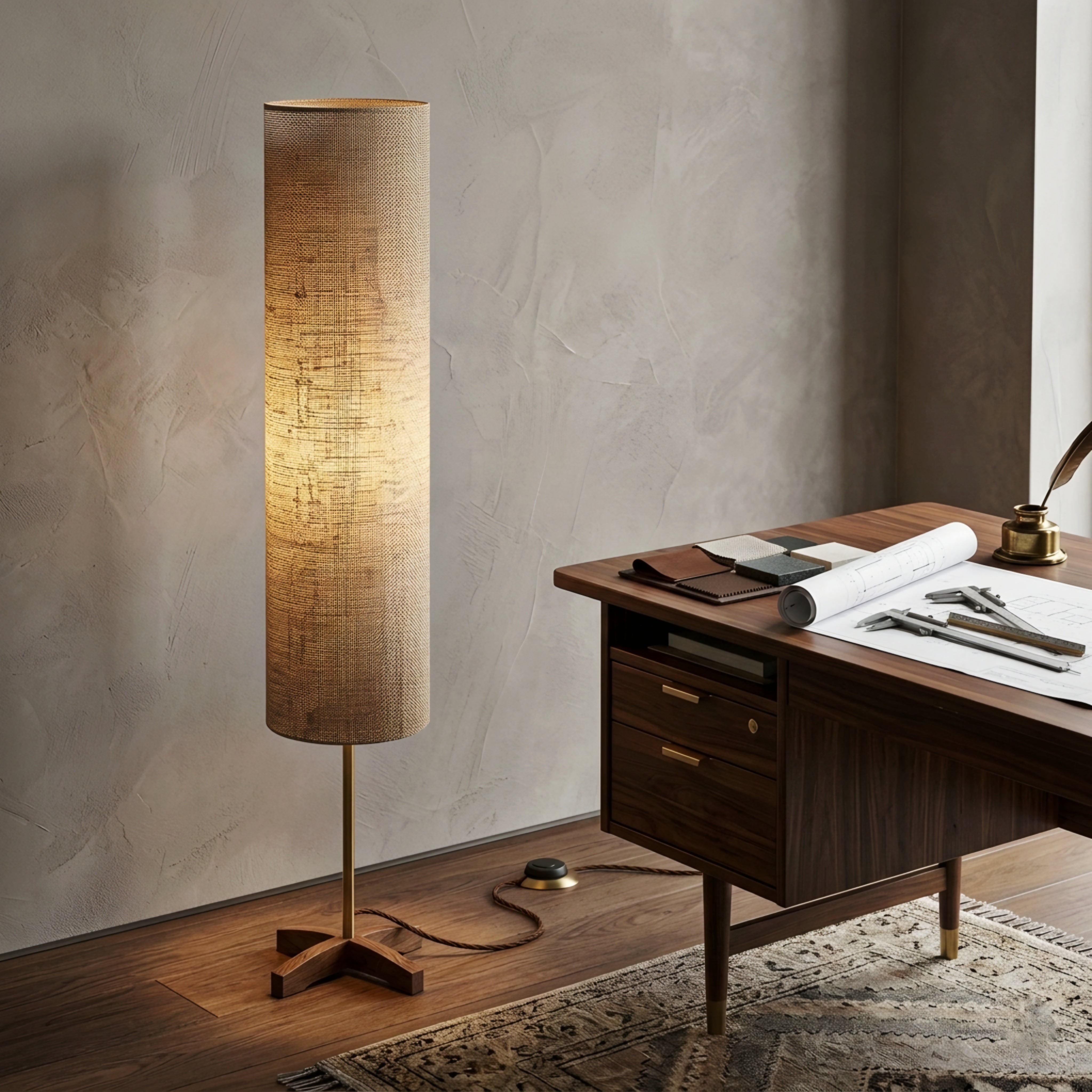Tavira Linen Floor Lamp – Modern Tall Fabric Standing Light Living Room Corner Lighting