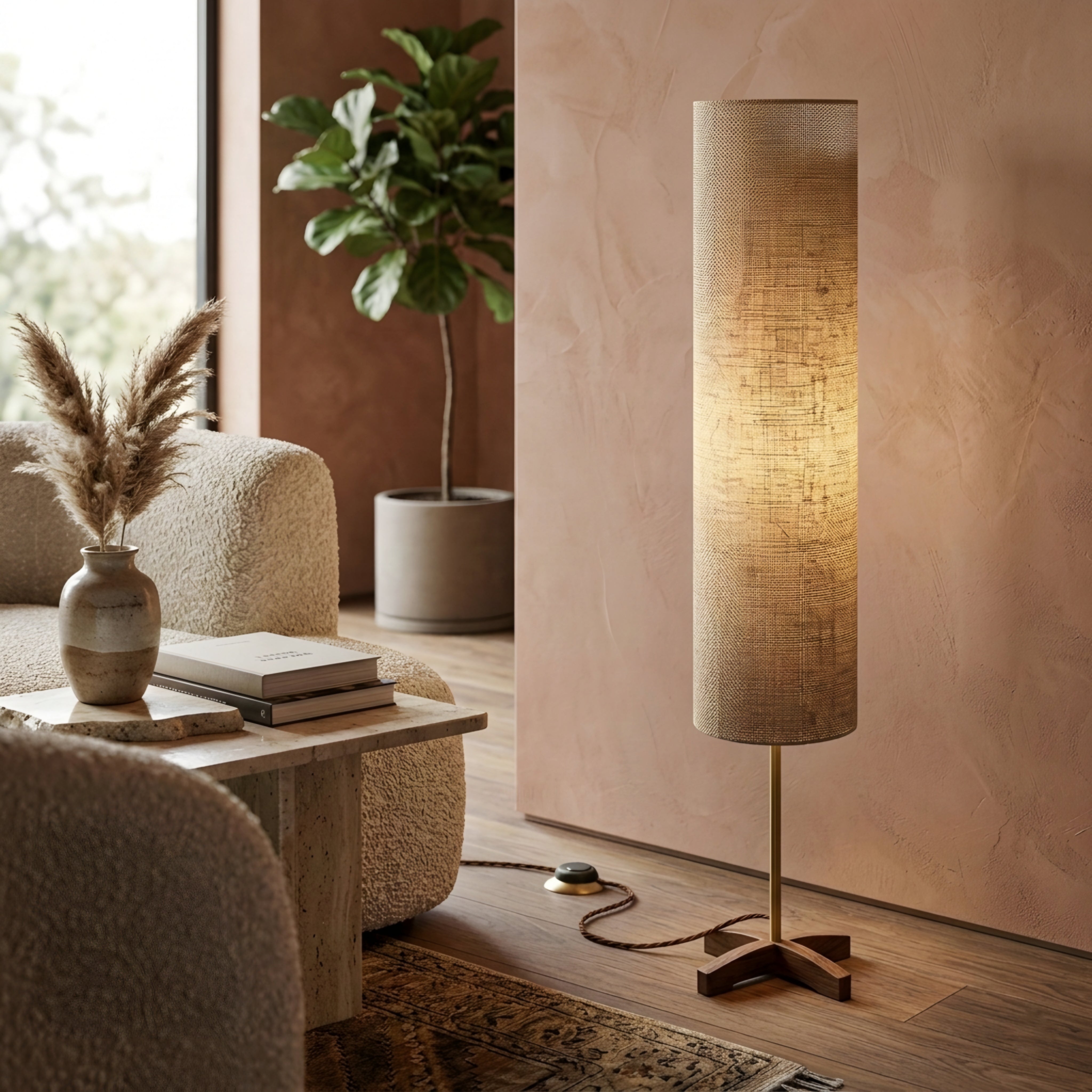Tavira Linen Floor Lamp – Modern Tall Fabric Standing Light Living Room Corner Lighting