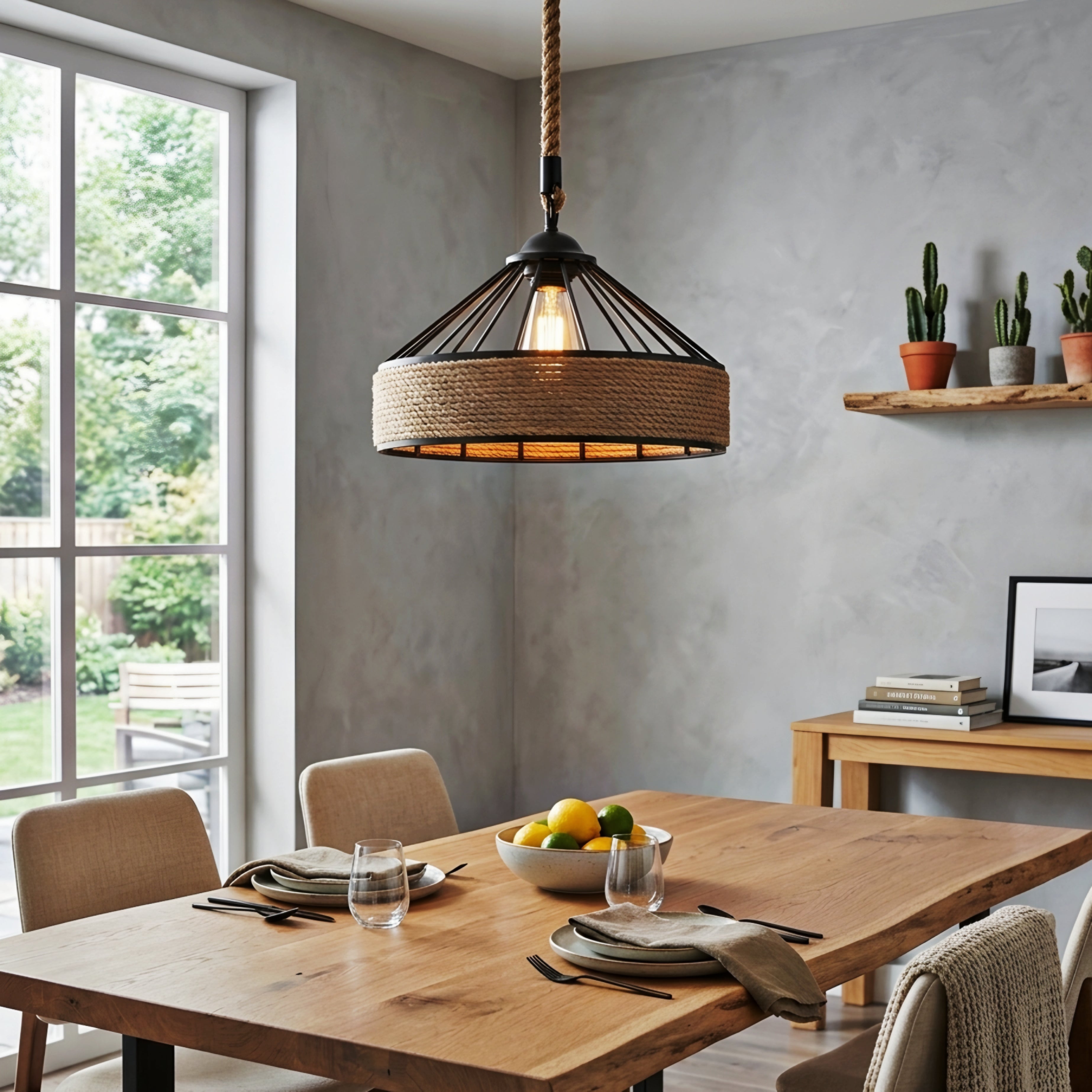 Bravaro Rope Pendant Light – Rustic Farmhouse Industrial Kitchen Island Hanging Ceiling Lighting