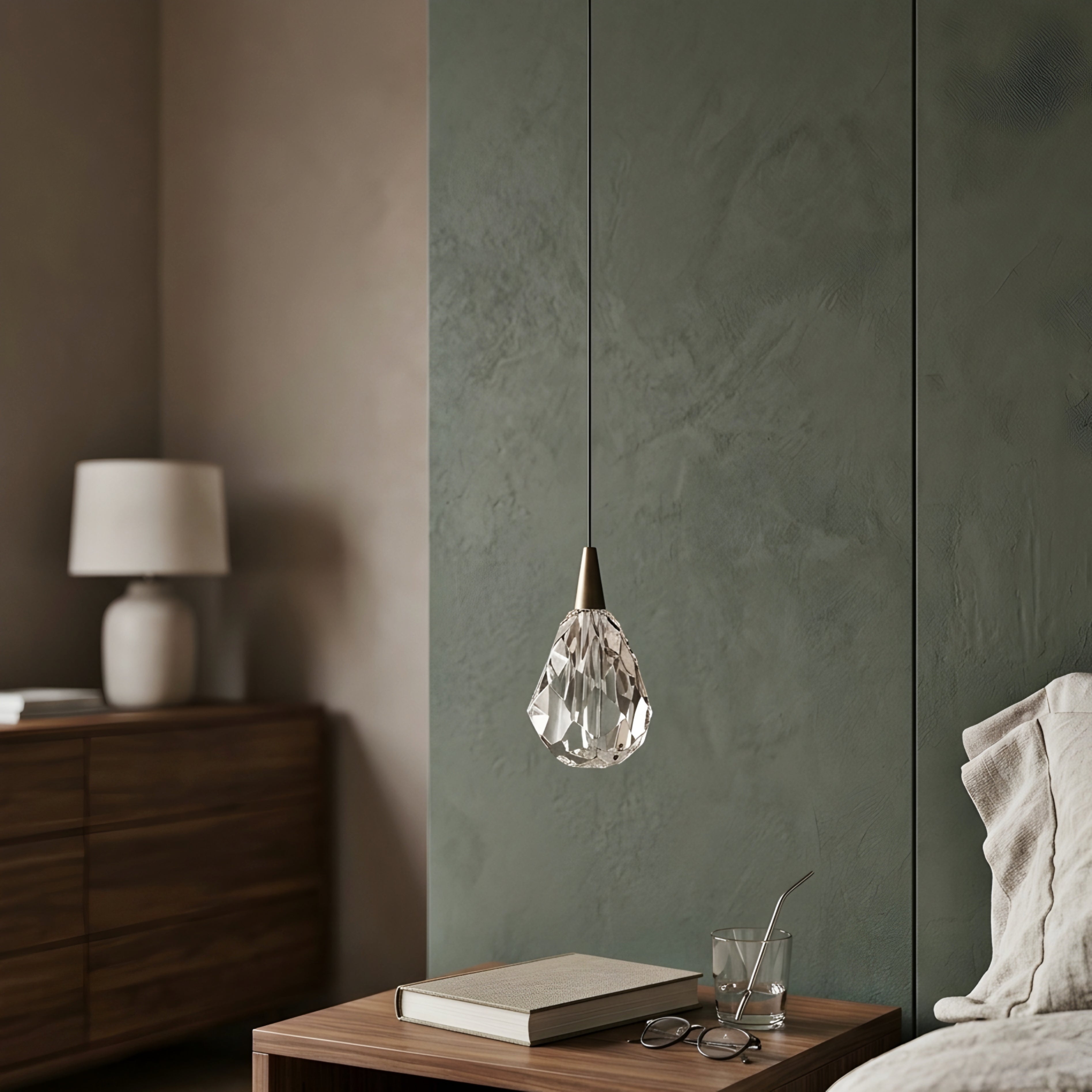Elira Crystal Pendant Light – Modern Minimalist Bedside Teardrop Glass Hanging Ceiling Lighting