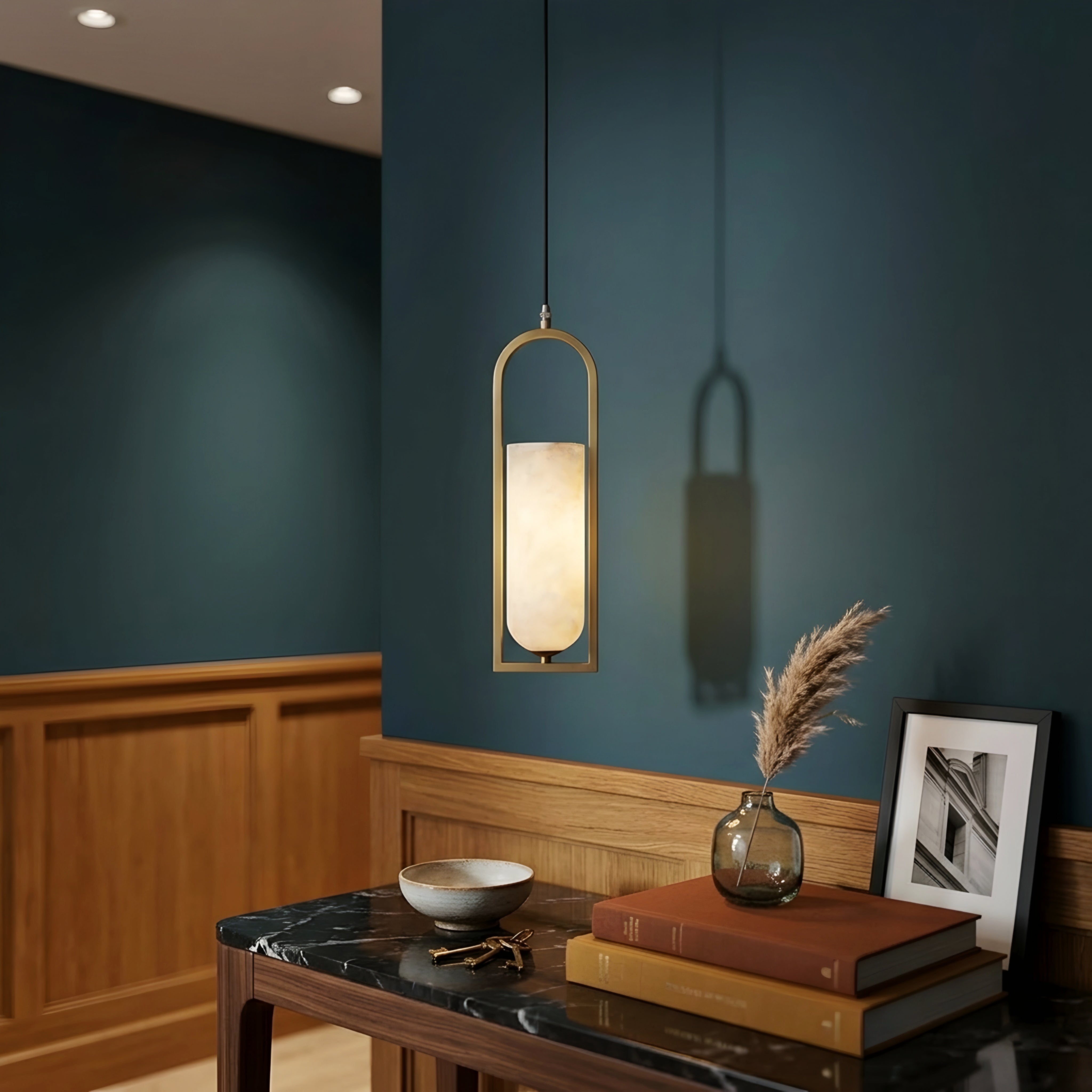 Valenne Arch Pendant Light – Modern Gold Cylinder Glass Dining Kitchen Island Hanging Ceiling Lighting
