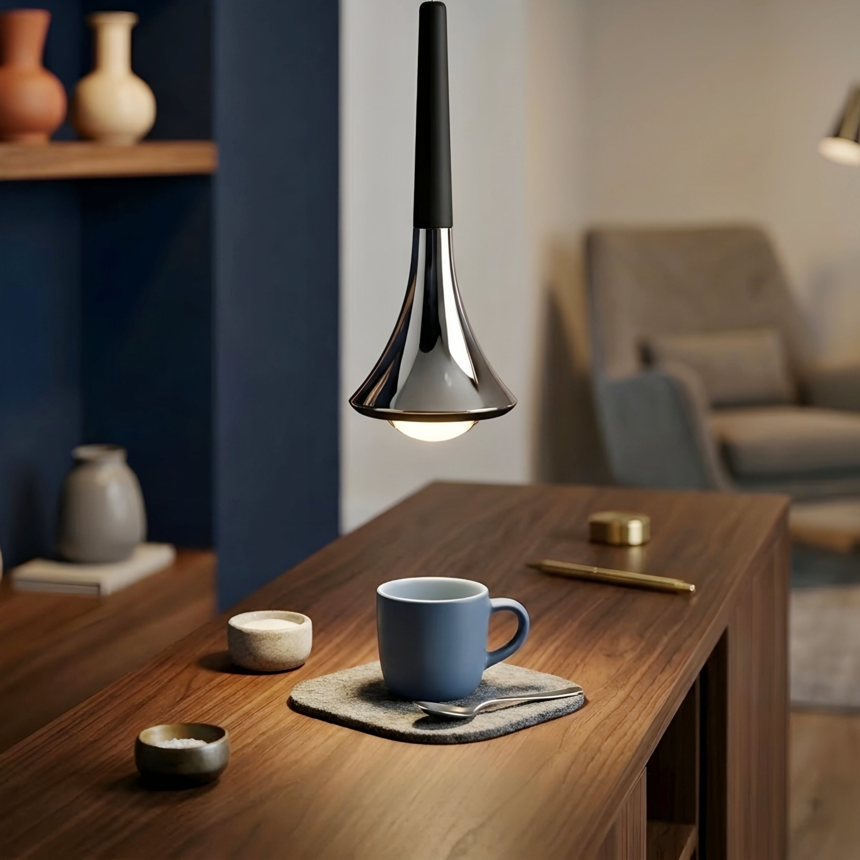 Nerix Mini Pendant Light – Modern Black Chrome Teardrop Kitchen Island Bar Hanging Ceiling Lighting