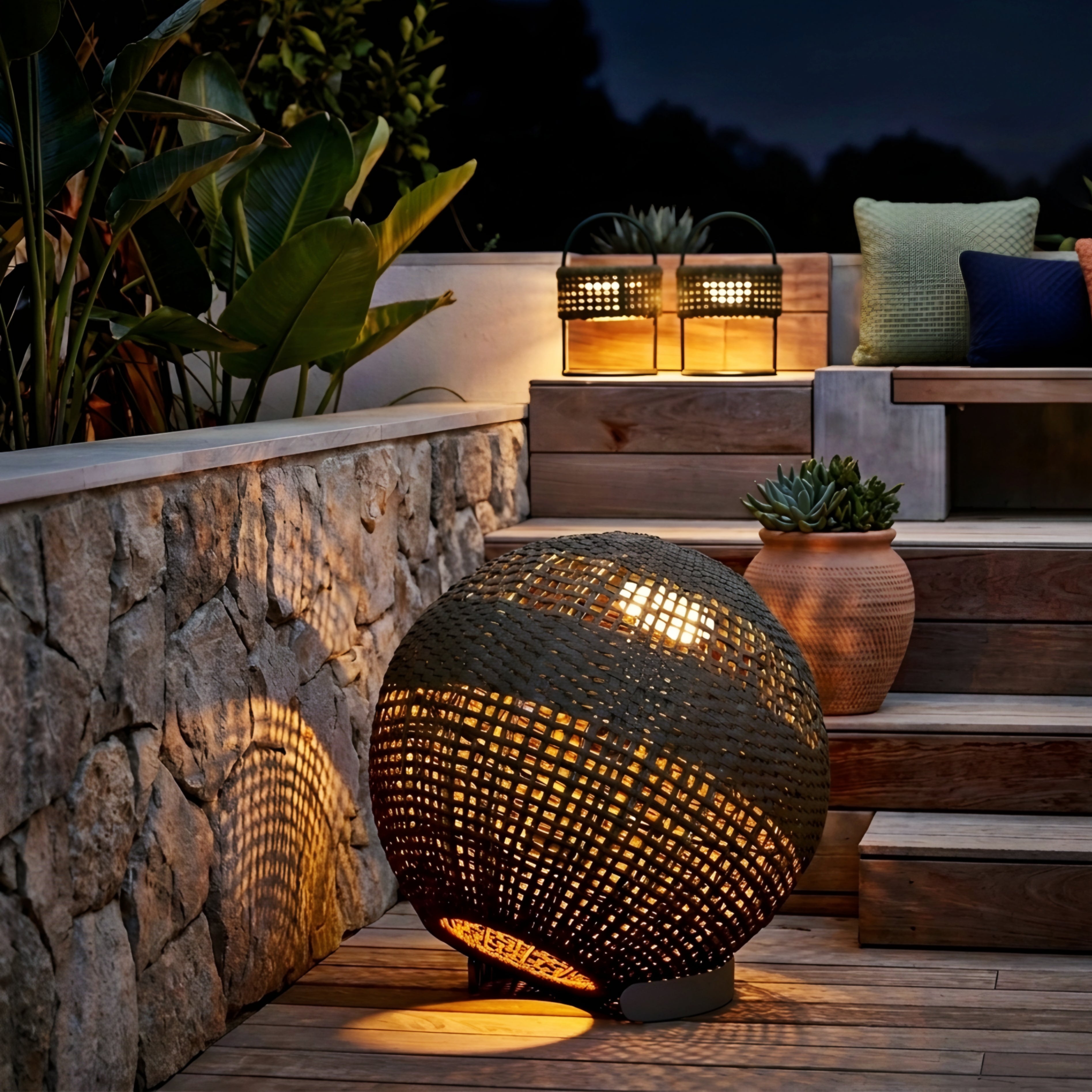 Ravello Woven Floor Lamp – Outdoor Rattan LED Sphere Patio Garden Ambient Lighting